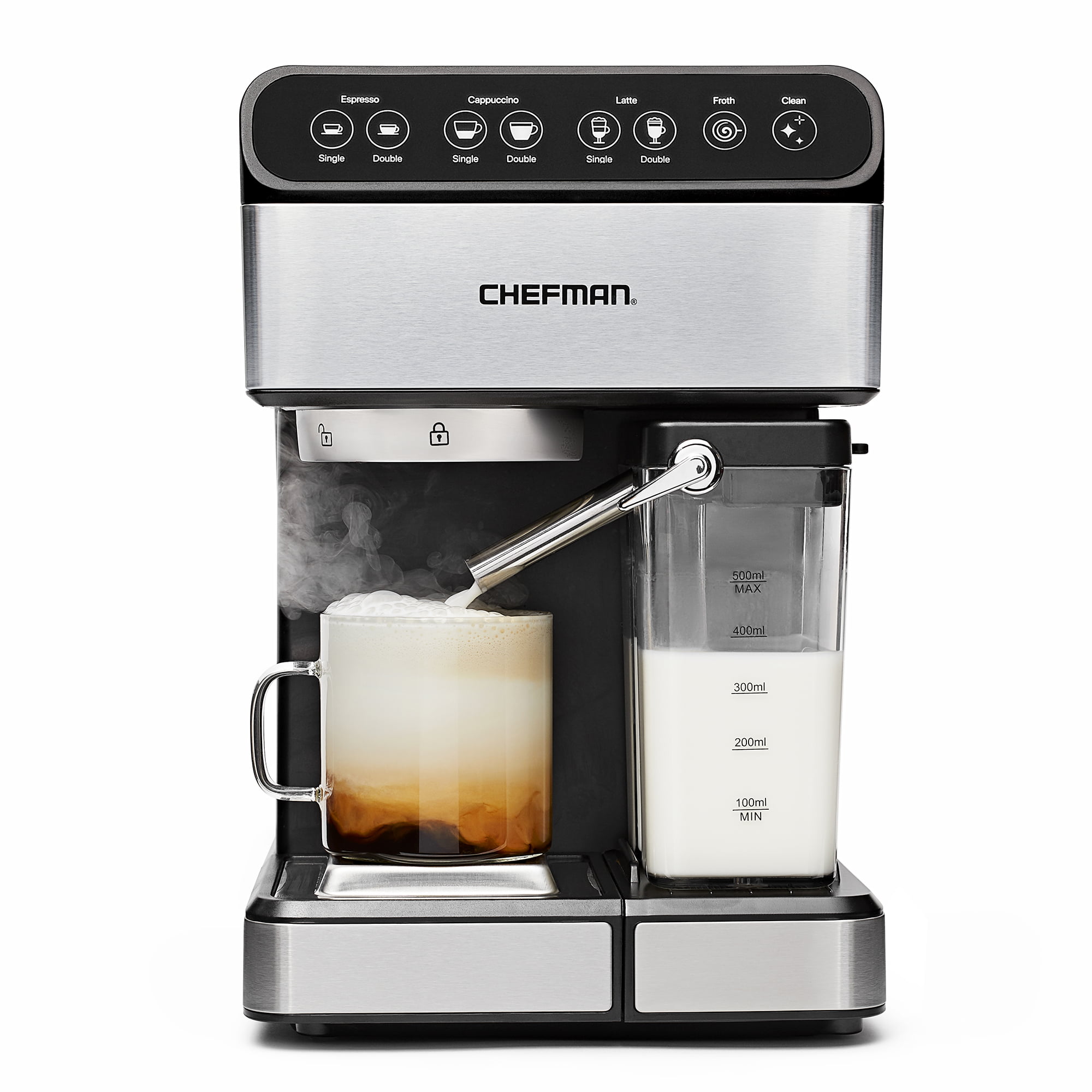 Chefman Digital Espresso Machine with Milk Frother. 15 Bar. Silver Stainless Steel. New