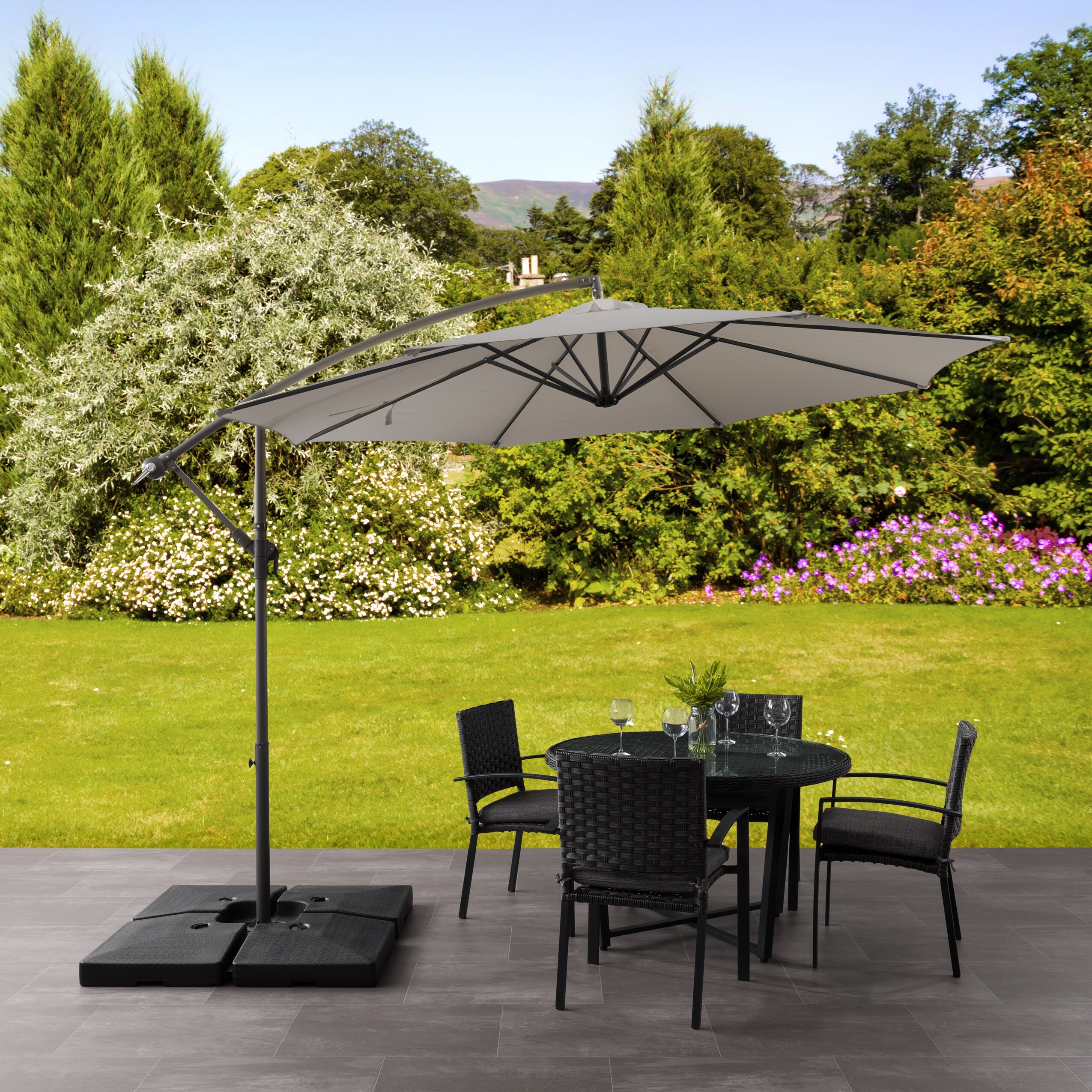 CorLiving 9.5-ft Solid/Sand Grey No-tilt Offset Patio Umbrella with Base