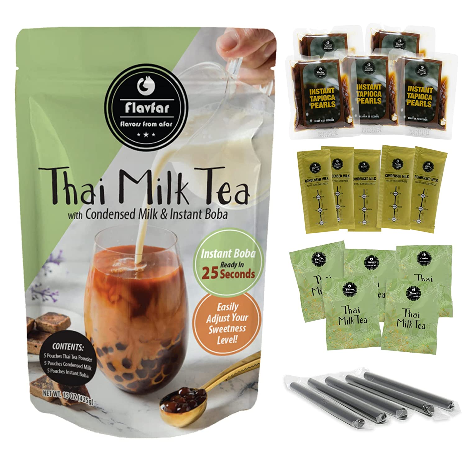 Flavfar Thai Milk Tea with Instant Tapioca Pearls - Authentic Thai Milk Bubble Tea Kit with Low Calorie. Brown Sugar Boba & Sweetened Condensed Milk - All Natural & Made in Taiwan - 5 Pack (Thai Milk Tea)