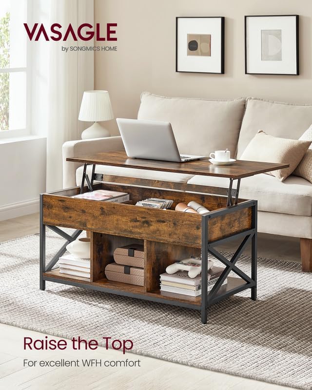VASAGLE Lift Top Coffee Table for Living Room. Industrial Coffee Table with Hidden Compartments and Storage Shelf. Steel Frame. 19.7 x 39.4 x (19.3-24.4) Inches. Rustic Brown and Black ULCT202B01
