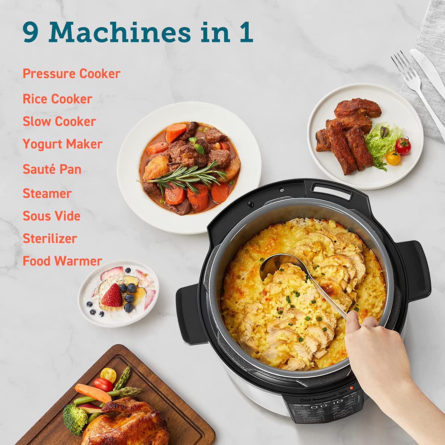 COSORI Electric Pressure Cooker 6 Quart. 9-in-1 Instant Multi Cooker. 13 Presets. Rice Slow Cooker. Sauté. Sous Vide. Sterilizer. Recipes. 1100W. Stainless Steel. Olla de Presion Electrica Multiuso