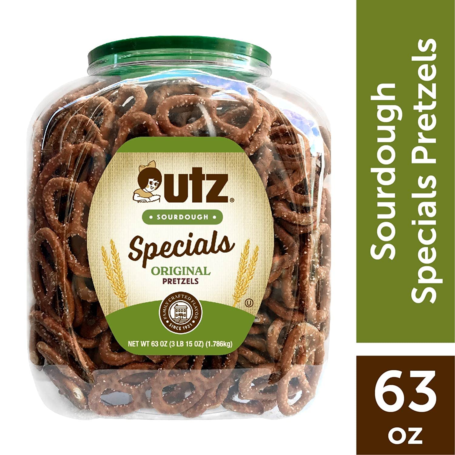 Utz Sourdough Specials Pretzels. Original. 63 oz. Barrel. Classic Pretzel Knot with Rich Sourdough Flavor. Resealable Container. Tasty Party Snack with Zero Cholesterol
