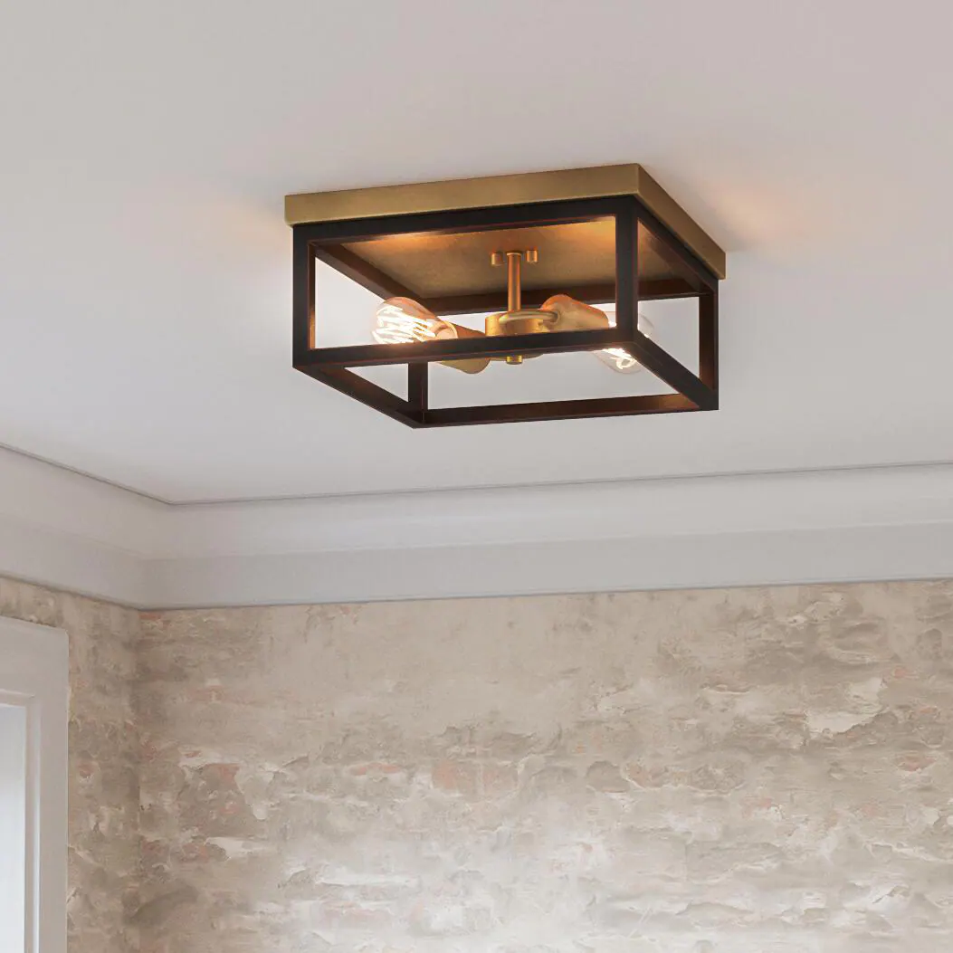 Hampton Bay Boswell Quarter 12-1/2 in. 2-Light Vintage Brass Farmhouse Flush Mount with Painted Black Distressed Wood Accents