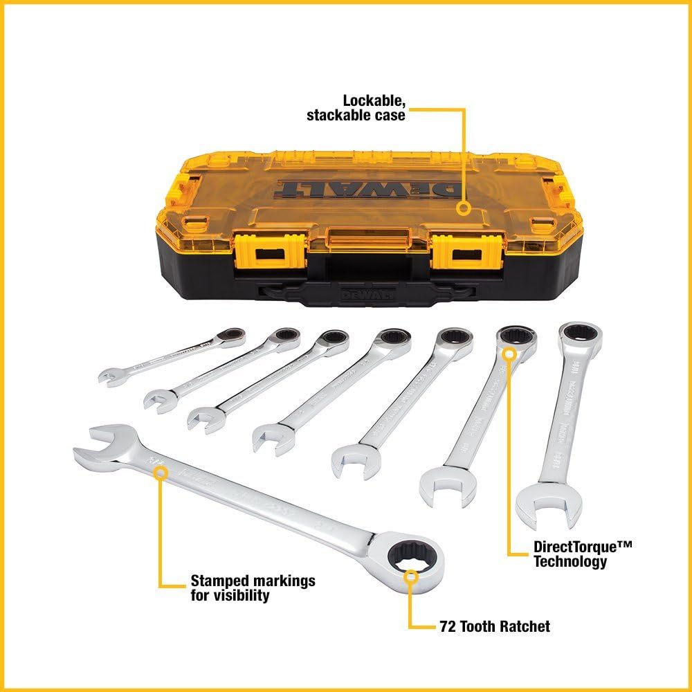 DEWALT Wrench Set. Combination Ratchet Wrench SAE. Direct Torque Technology. Lockable Case Included. 8 Piece (DWMT74733)
