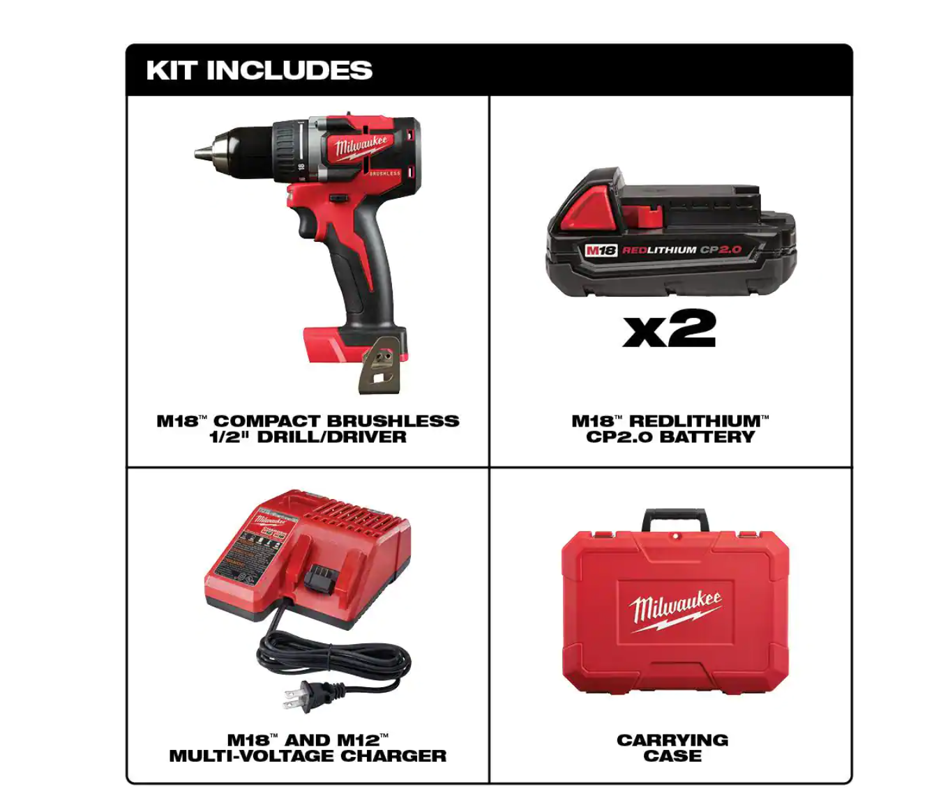 Milwaukee 2801-22CT-48-32-4083 M18 18-Volt Lithium-Ion Brushless Cordless 1/2 in. Compact Drill/Driver Kit w (2) 2.0 Ah Batteries. & 100pc Bit Kit