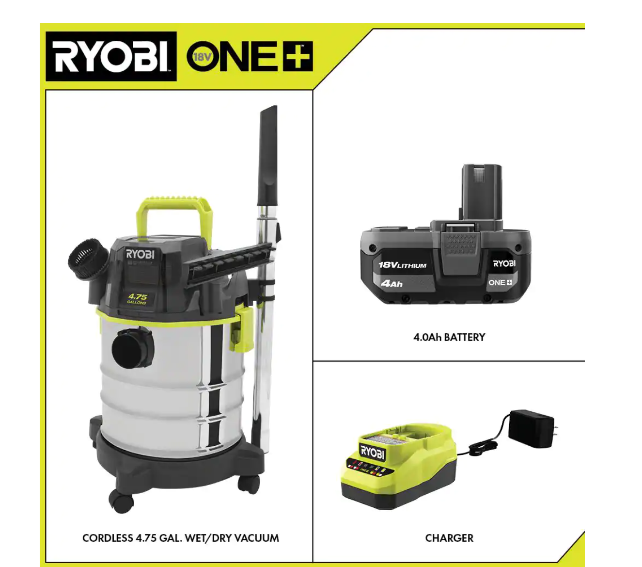 RYOBI PWV201KN ONE+ 18V Cordless 4.75 Gal. Wet/Dry Vacuum Kit with 4.0 Ah Battery and Charger