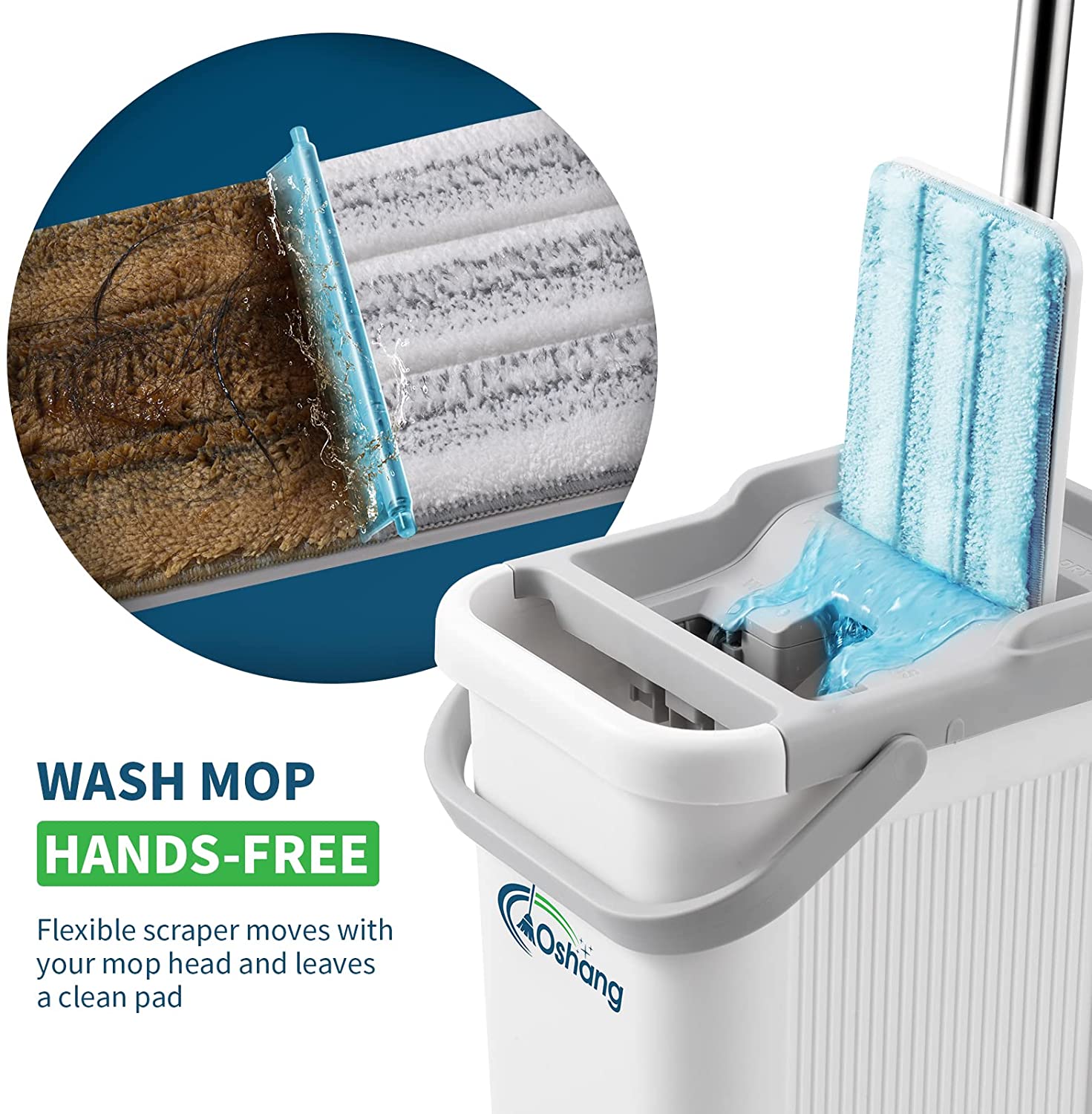 oshang Flat Floor Mop and Bucket Set for Home Floor Cleaning. Hands Free Floor Flat Mop. Stainless-Steel Handle. 4 Washable & Reusable Microfiber Pads