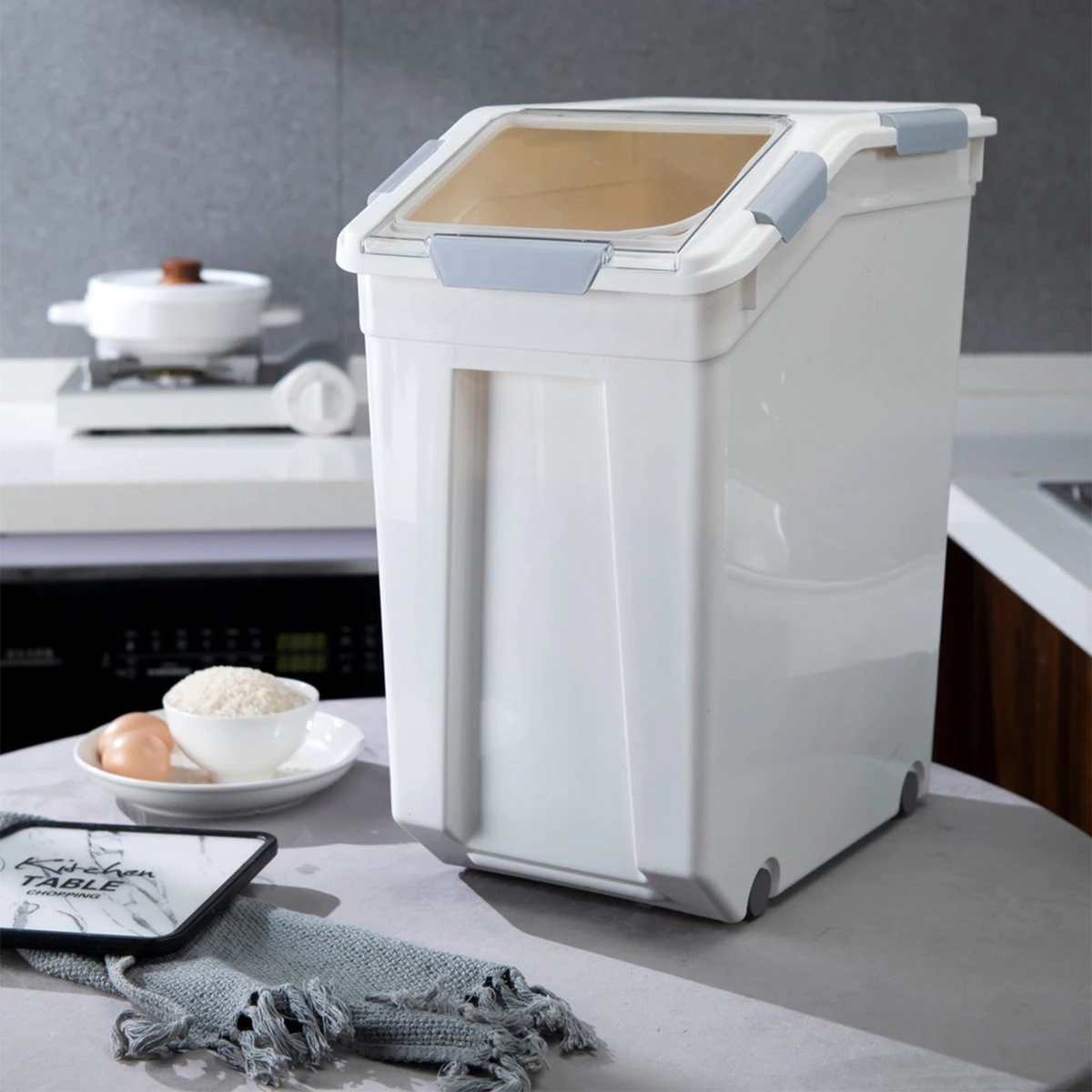 HANAMYA Pet Food Storage Container with Measuring Cup 33lbs. White & Gray