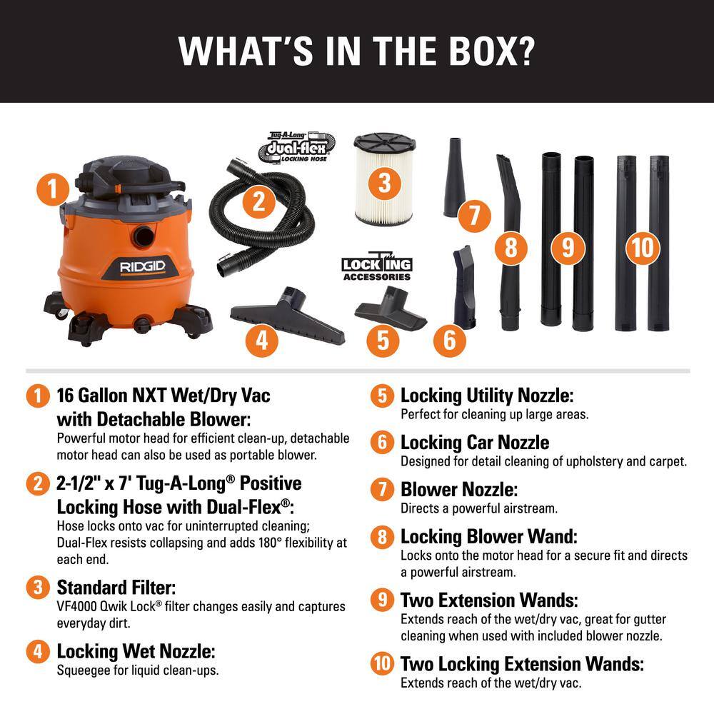 RIDGID HD1600A 16 Gallon 6.5 Peak HP NXT Wet/Dry Shop Vacuum with Detachable Blower. Filter. Hose. Accessories and Gutter Cleaning Kit