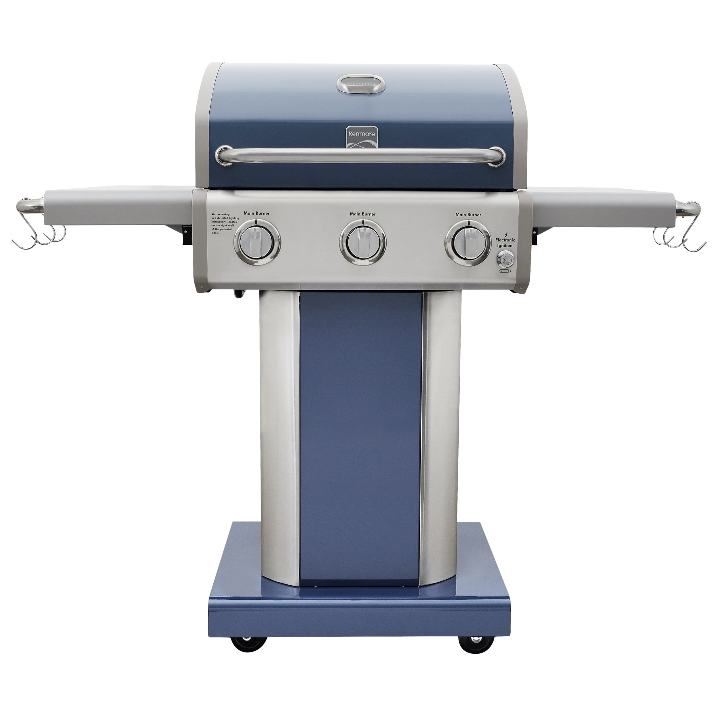 Kenmore 3-Burner Outdoor BBQ Propane Gas Grill with Foldable Sides. Azure Blue