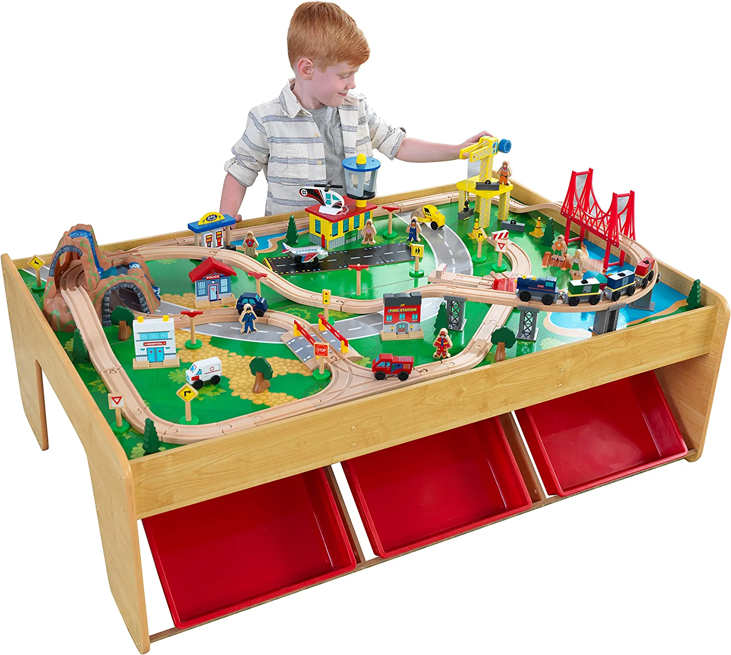 KidKraft Waterfall Mountain Wooden Train Set & Table with 120 Pieces. 3 Storage Bins