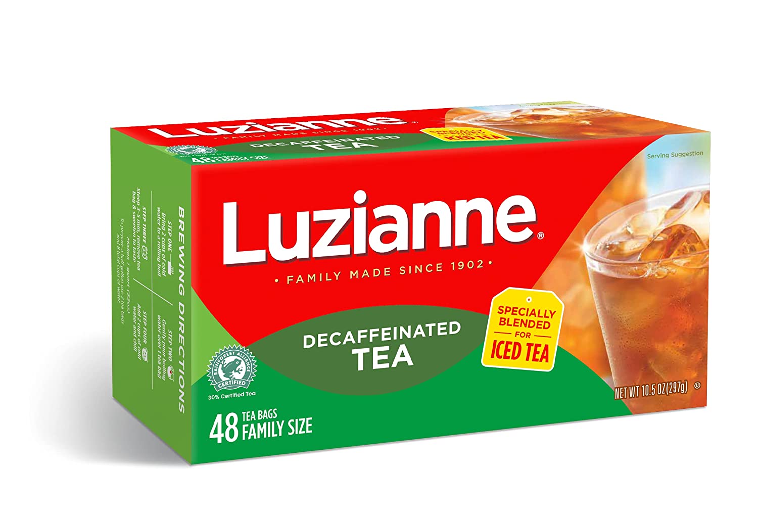 Luzianne Decaffeinated Iced Tea. Family Size. Unsweetened. 288 Tea Bags (6 Boxes of 48 Count Pack). Specially Blended for Iced Tea. Clear & Refreshing Home Brewed Southern Iced Tea