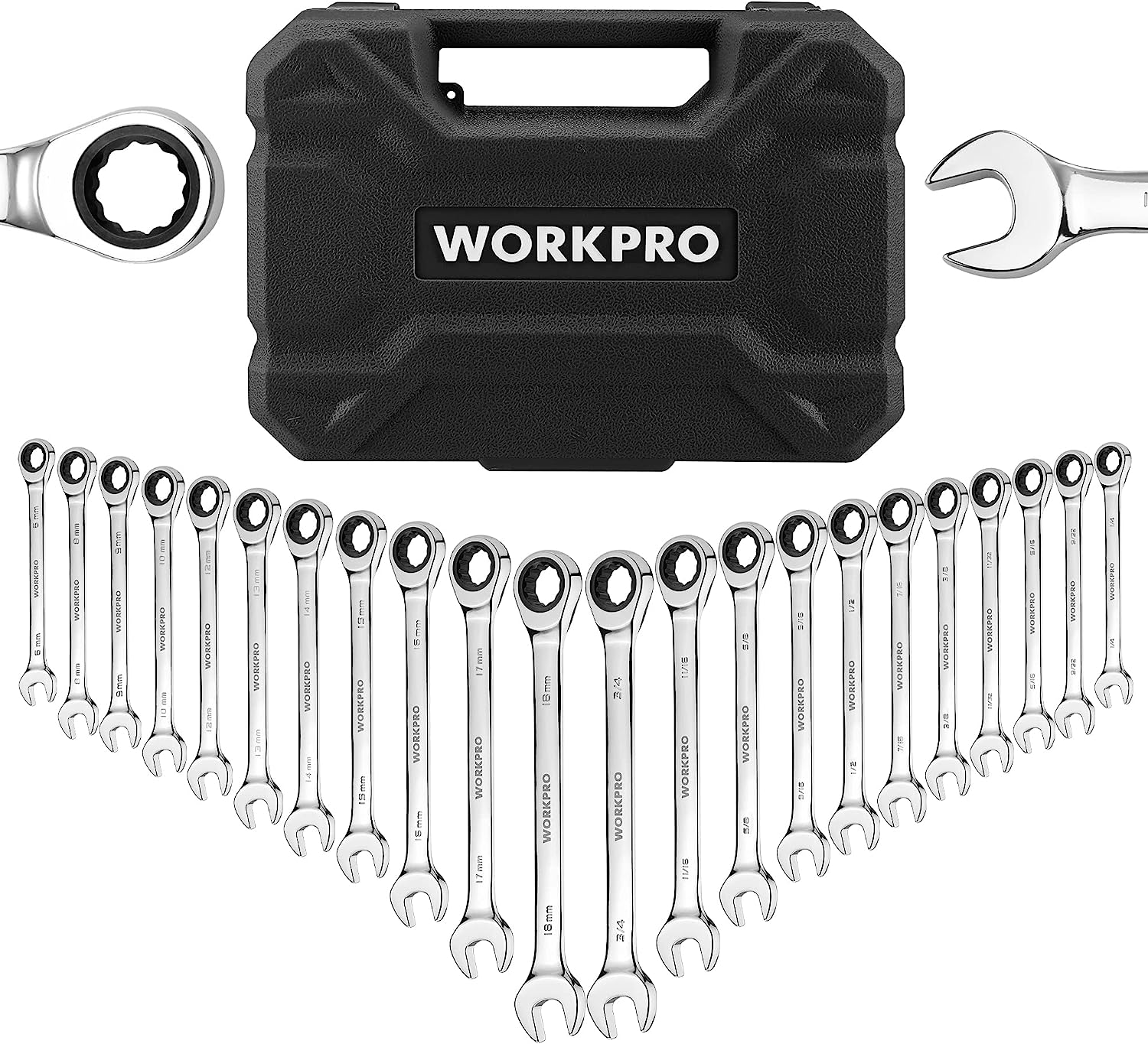 WORKPRO 22-Piece Ratcheting Combination Wrench Set. 72 Teeth. Combo Ratchet Wrenches Set with Organizer Box. Metric 6-18mm & SAE 1/4-3/4″