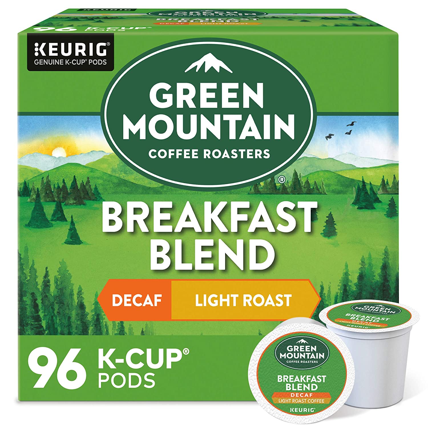 Green Mountain Coffee Roasters Breakfast Blend Decaf. Single-Serve Keurig K-Cup Pods. Light Roast Coffee Pods. 24 Count (Pack of 4)