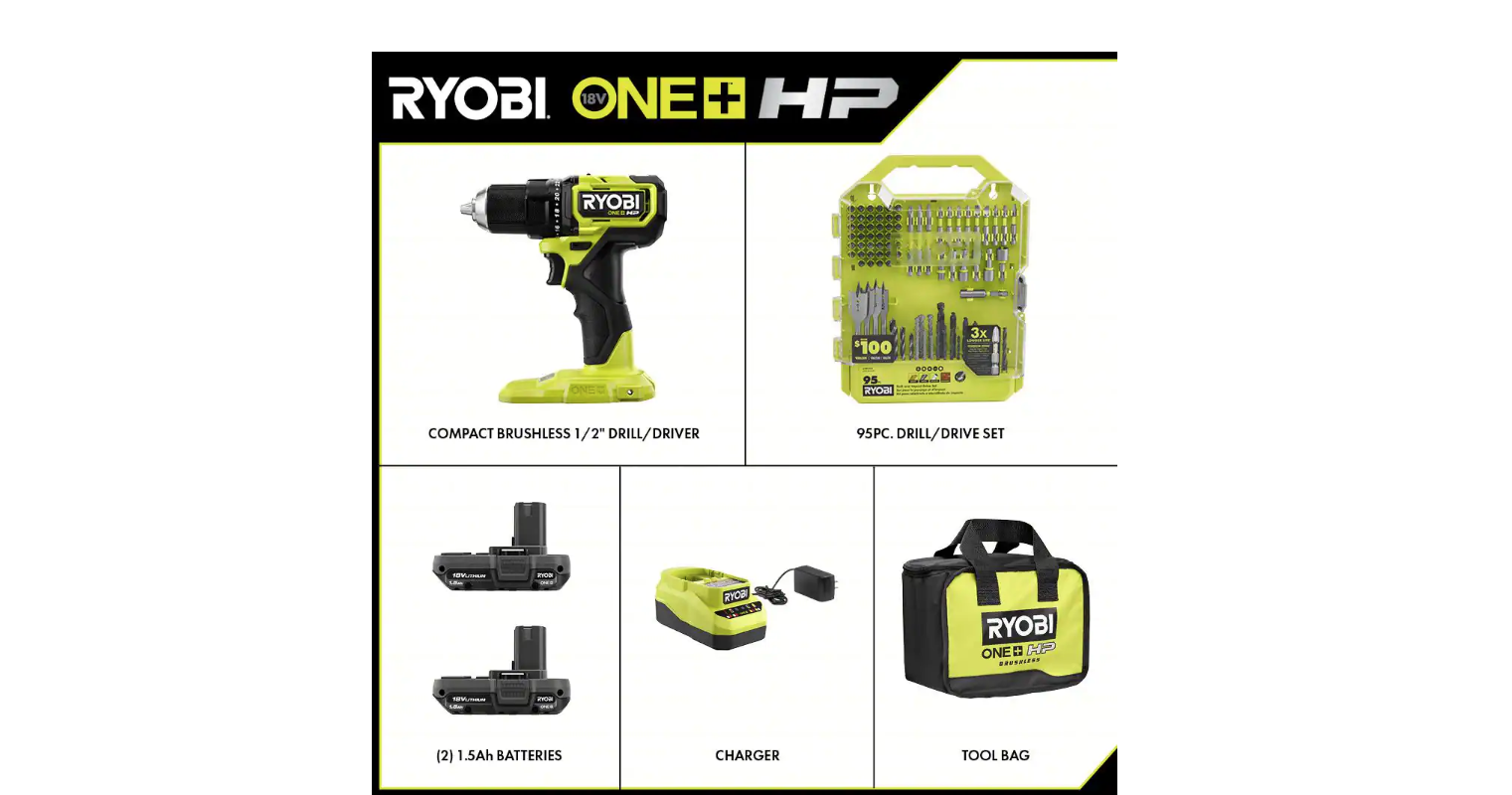 RYOBI PSBDD01K-A989504 ONE+ HP 18V Brushless Cordless Compact 1/2 in. Drill/Driver Kit with (2) 1.5 Ah Batteries. Charger. Bag. & 95PC Bit Set
