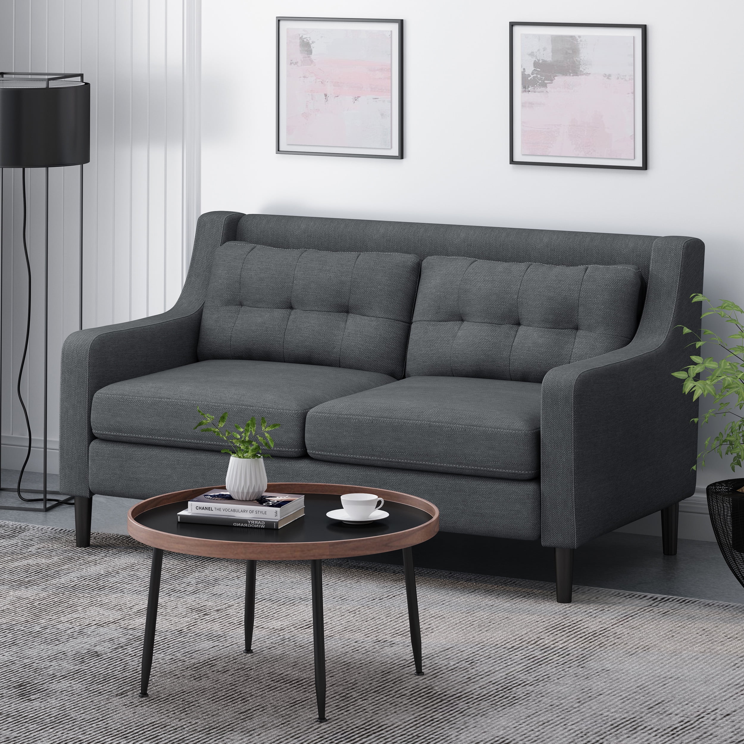 Noble House Kayden Indoor Contemporary Fabric Loveseat. Charcoal. Dark Brown