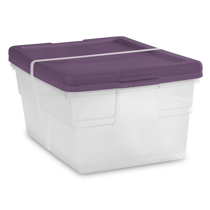 Sterilite Stackable 16 Quart Clear Home Storage Box with Handles and Purple Lid for Efficient Household Storage and Organization. (24 Pack)