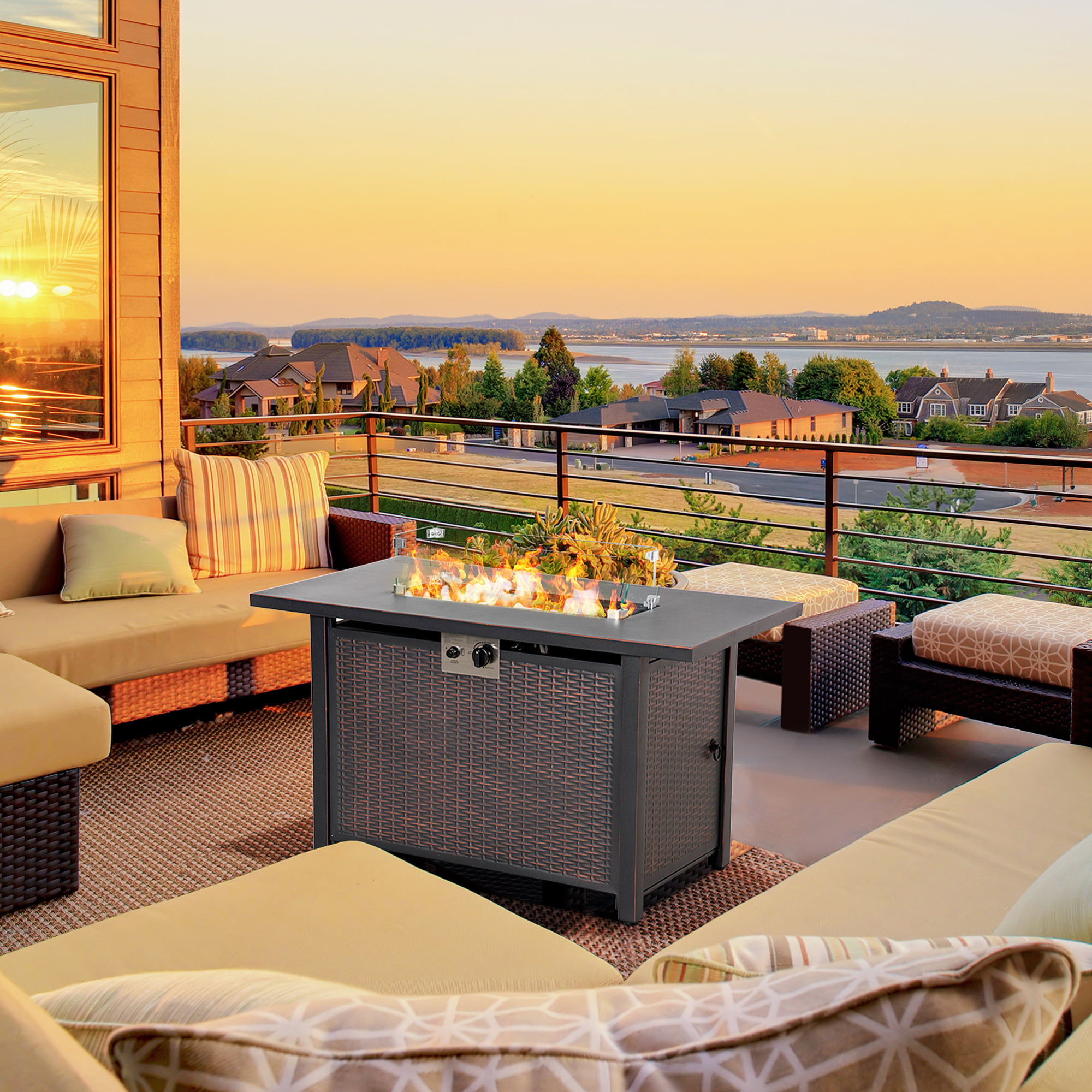 Outsunny 43 Inch Outdoor Propane Gas Fire Pit Table. 50.000 BTU Auto-Ignition Rectangular Wicker-effect Gas Firepit. CSA Certification. Bronze