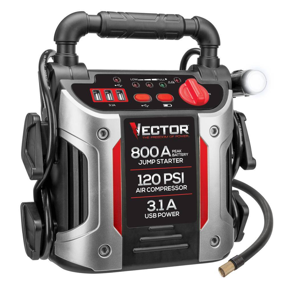 VECTOR J7CV 800 Peak Amp Jump Starter. 120 PSI Air Compressor. Three USB Charging Ports. Rechargeable