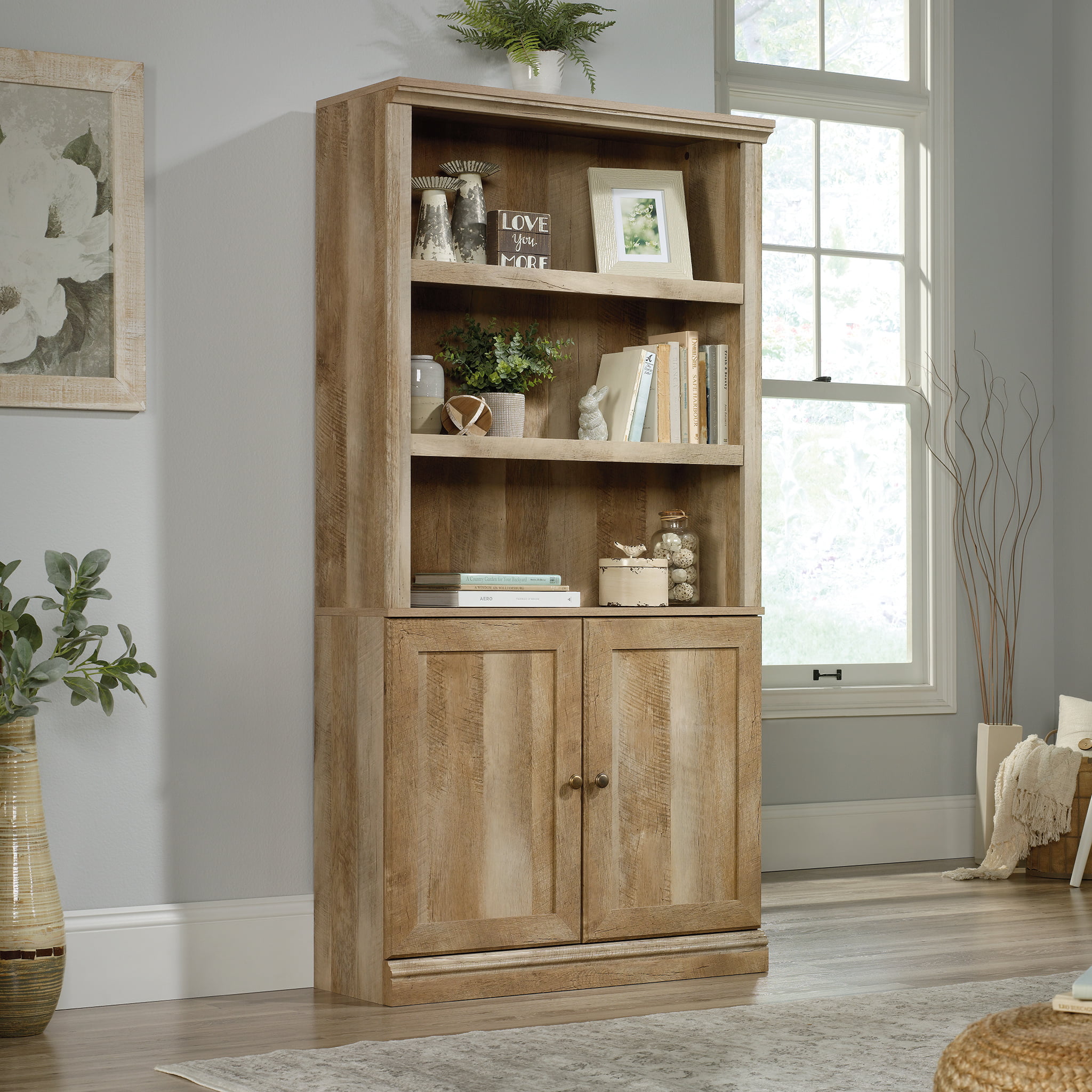Sauder 5-Shelf Bookcase with 2 Doors. Lintel Oak Finish