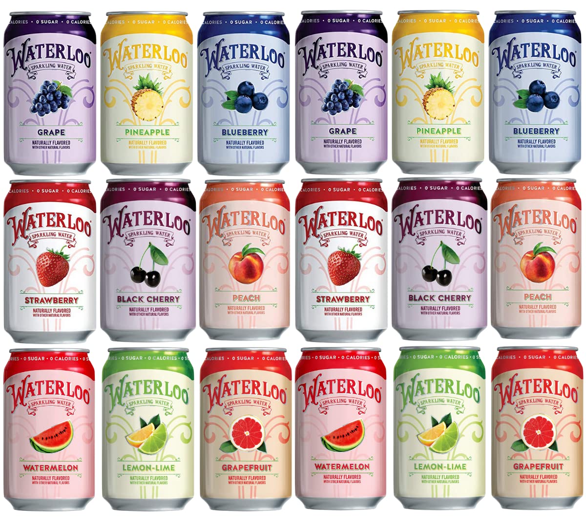 Sanisco Waterloo Sparkling Water Variety Pack. 12 Fl Oz Cans - 9 flavors (18 Pack) In Sanisco Box