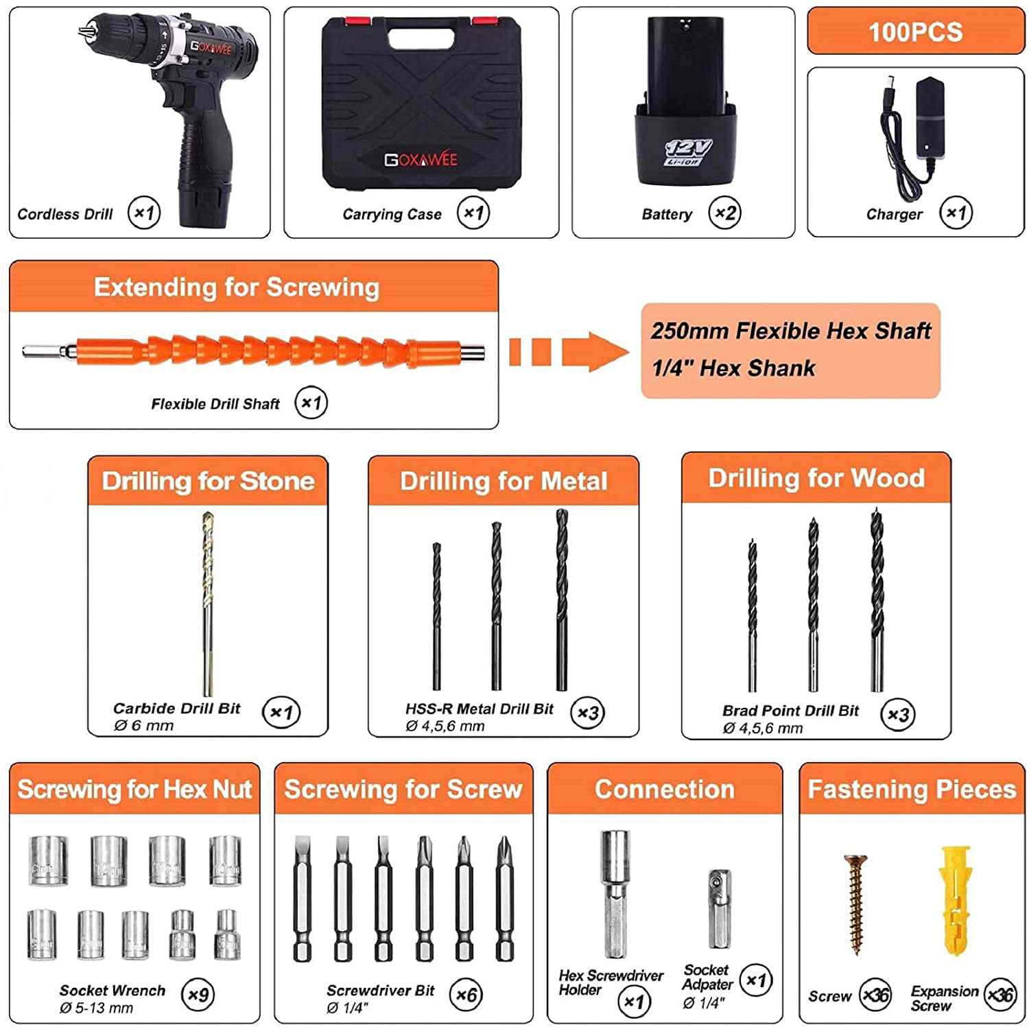 GOXAWEE 12V Cordless Drill Driver with 2 Batteries. Electric Screw Driver Set 100pcs Set with Durable Tool Case. 3/8″ Chuck Electric Power Drill Set G5050