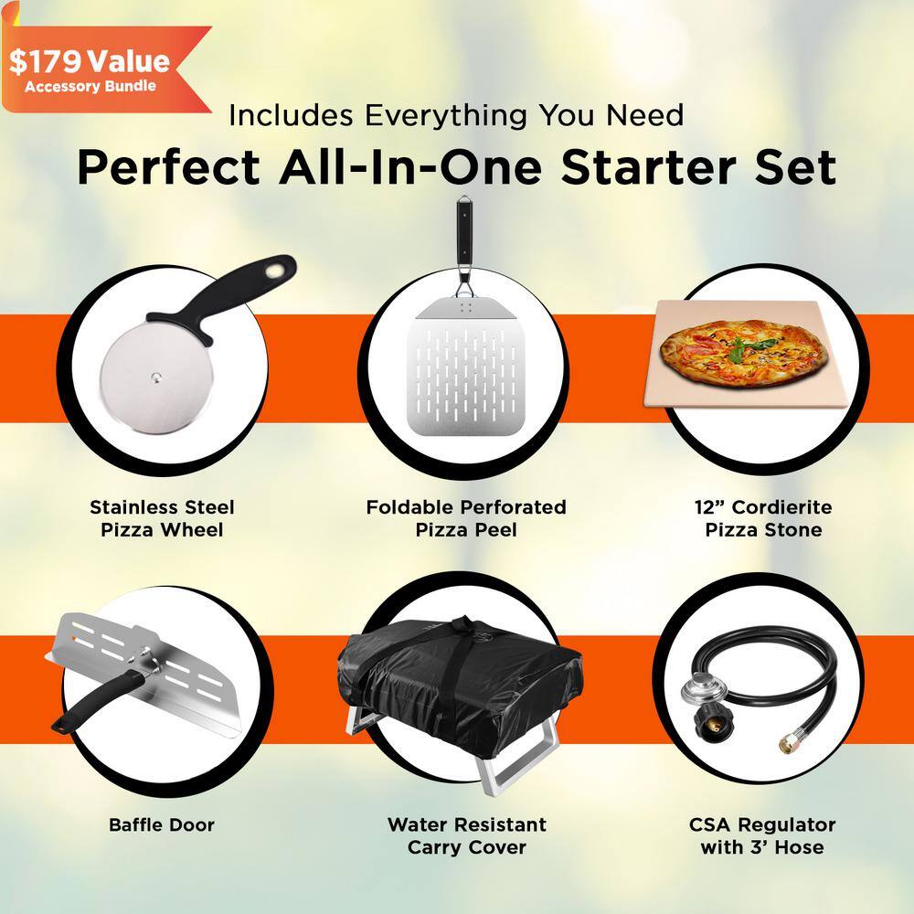 Commercial CHEF CHGSPZOV Portable Propane Gas Outdoor Pizza Oven with Baffle Door. Peel. Stone. Cutter. and Carry Cover (L-Shaped Burner)