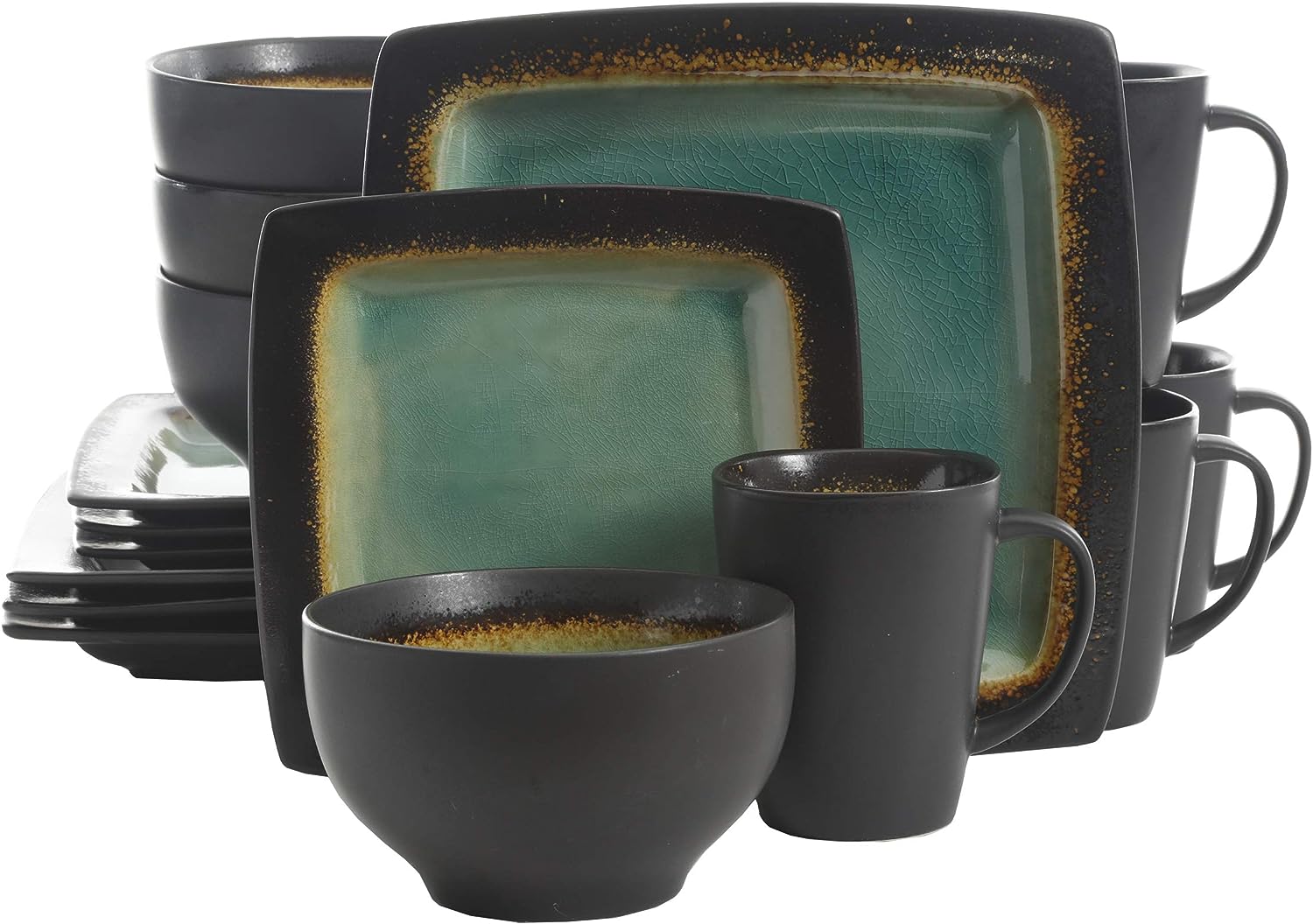 Gibson Elite Ocean Paradise Square Reactive Glaze Stoneware Dinnerware Set. Service for 4 (16pcs). Jade