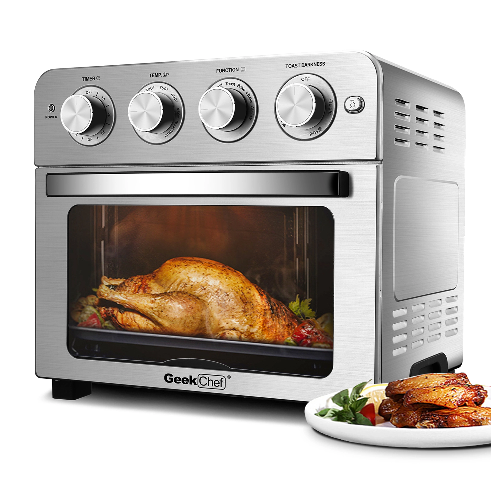 Geek Chef Air Fryer Toaster Oven. 6 Slice 24QT Convection Airfryer Countertop Oven. Roas. Broil. Reheat. Fry Oil-Free. Stainless Steel. Silver. 1700W