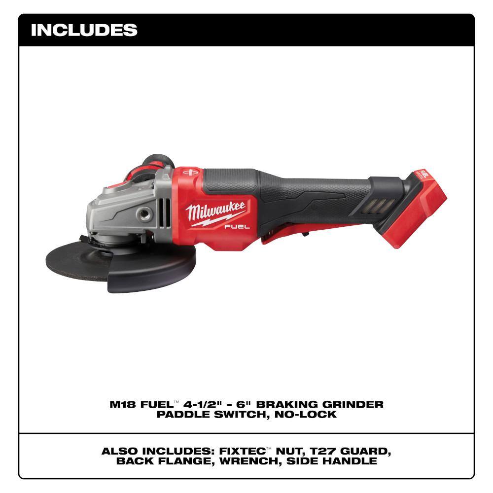 Milwaukee 2980-20 M18 FUEL 18V Lithium-Ion Brushless Cordless 4-1/2 in./6 in. Braking Grinder with Paddle Switch (Tool-Only)