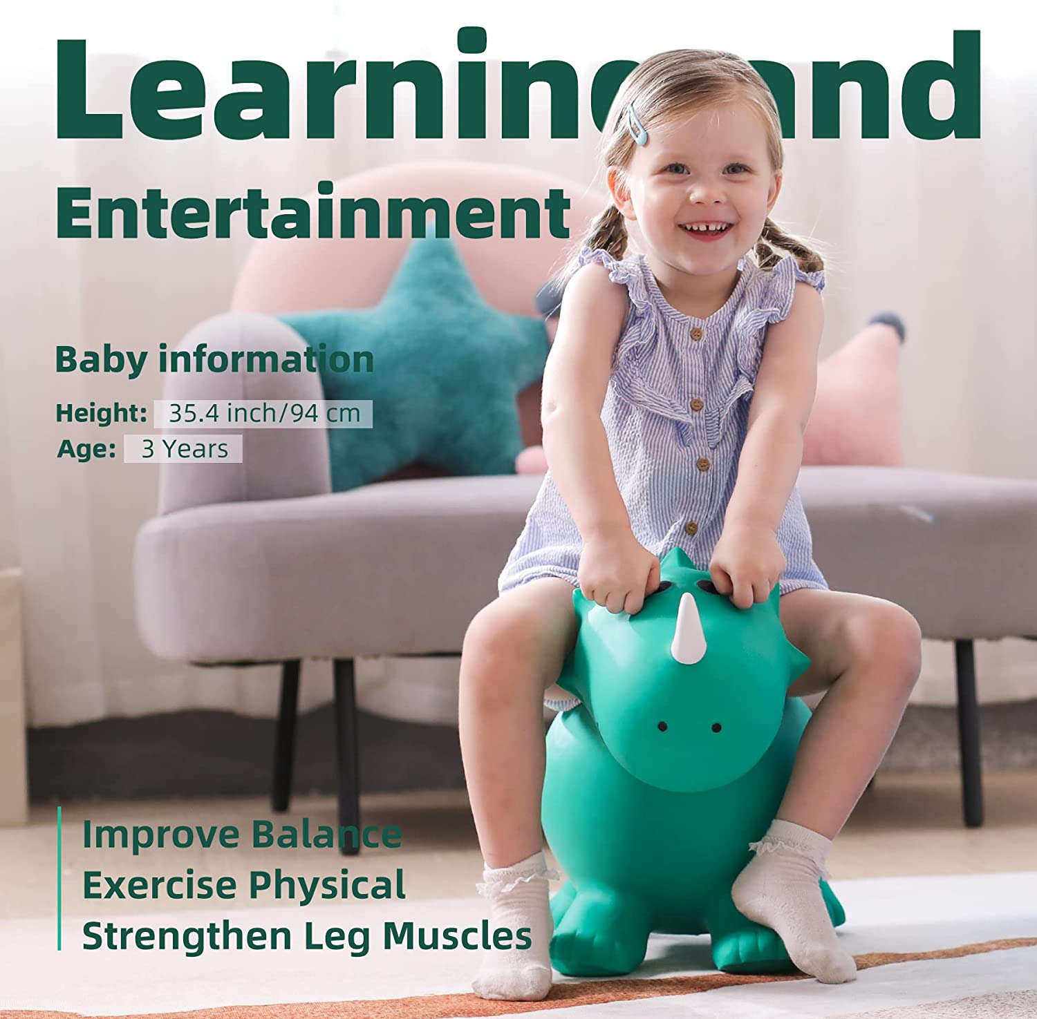 Babe Fairy Dinosaur Bouncy Horse Hopper. Jumping Animals Hopping Toys. With Pump