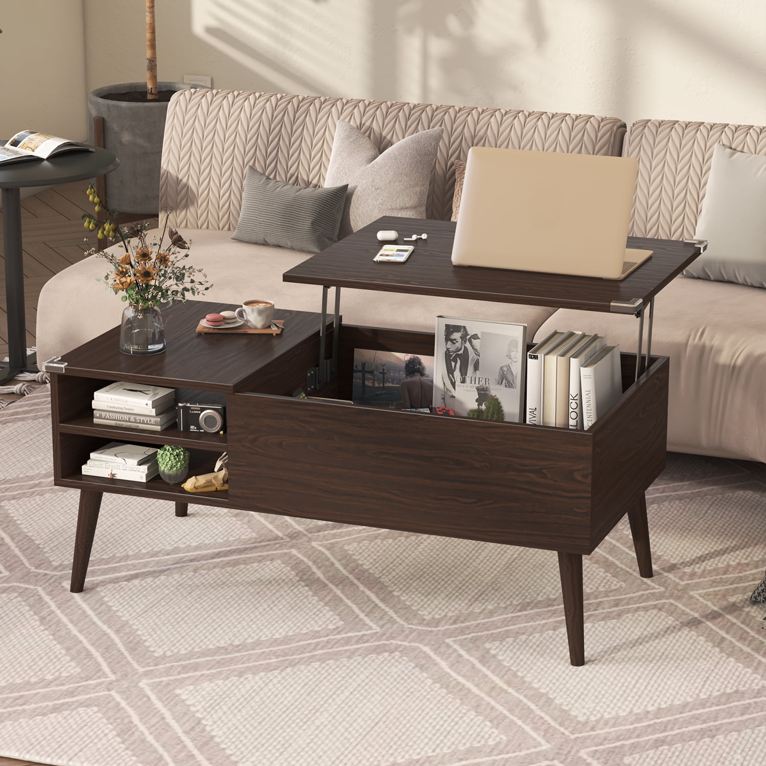 Furmax 39 Inch Wood Lift Top Coffee Table with Hidden Compartment and Storage Shelf. Lift Tabletop Dining Table for Home Living Room Bedroom. Office