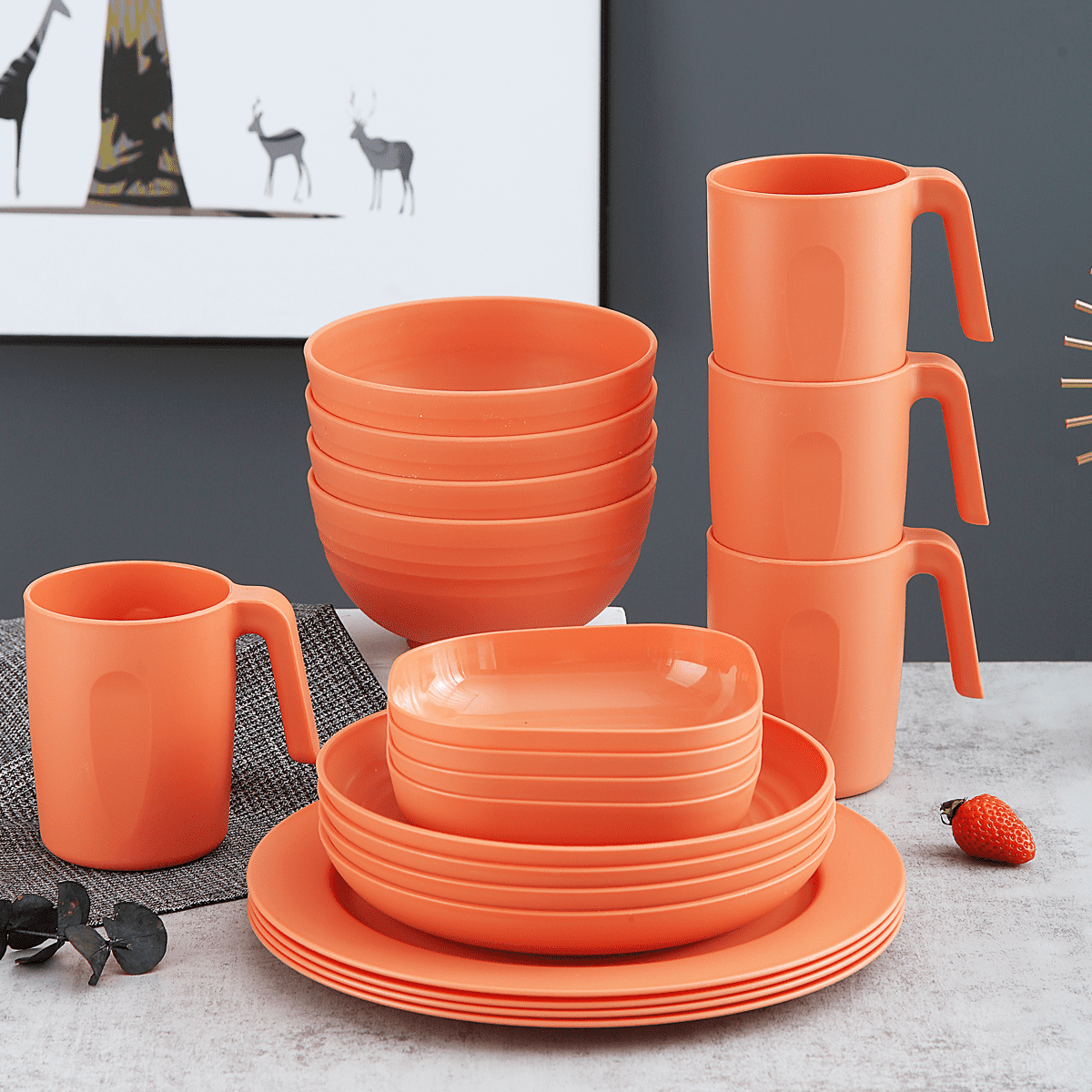 ReaNea Orange Plastic Dinnerware Set of 20 Pieces. Unbreakable And Reusable Light Weight Plates Mugs Bowls Dishes Easy to Carry And Clean BPA Free Service For 4
