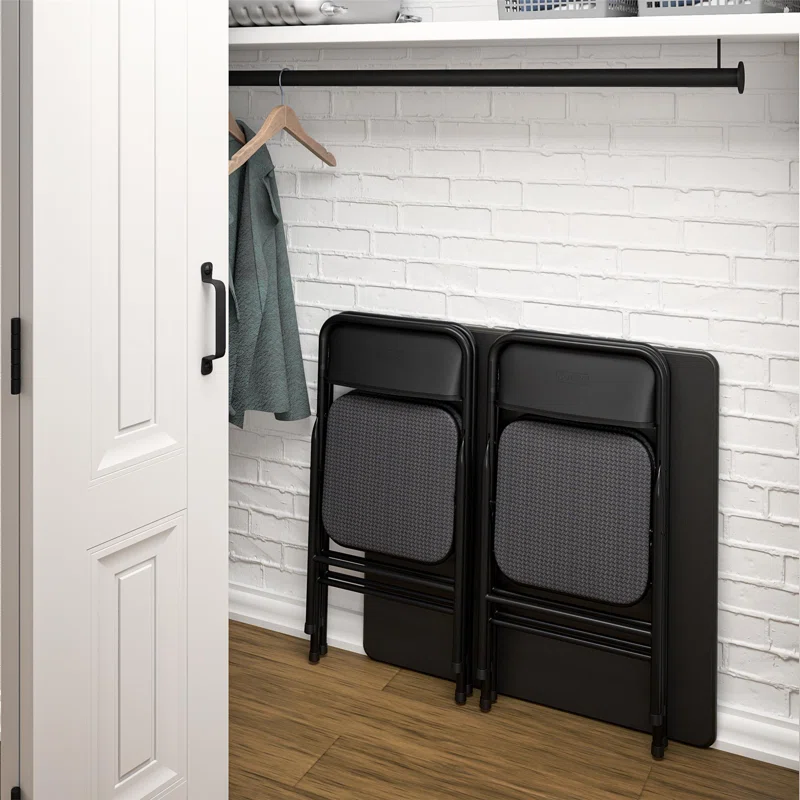 COSCO 14551TMS1E Premium 5-Piece Table & Chair Dining Set. with 34″ Vinyl Top Card Table and 4 Fabric Padded Seat & Back Folding Chairs. Black