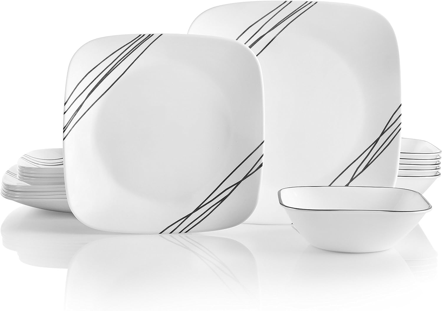 Corelle Vitrelle 18-Piece Service for 6 Dinnerware Set. Triple Layer Glass and Chip Resistant. Lightweight Square Plates and Bowls Set. Simple Sketch