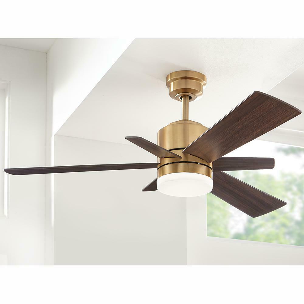 Home Decorators Collection 56024 Hexton 52 in. Indoor Integrated LED Brushed Gold Ceiling Fan with Light Kit. Remote Control and 6 Reversible Blades