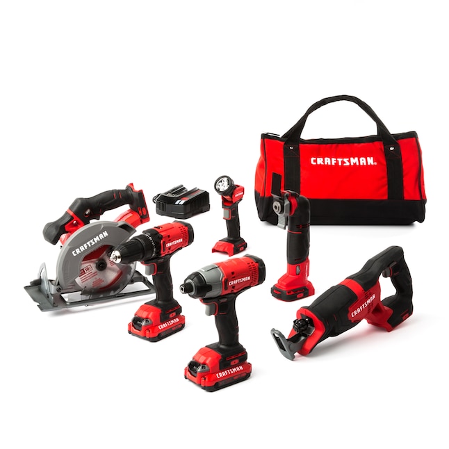 CRAFTSMAN CMCK600D2 V20 6-Tool 20-volt Max Power Tool Combo Kit with Soft Case (2 Li-ion Batteries Included and Charger Included)