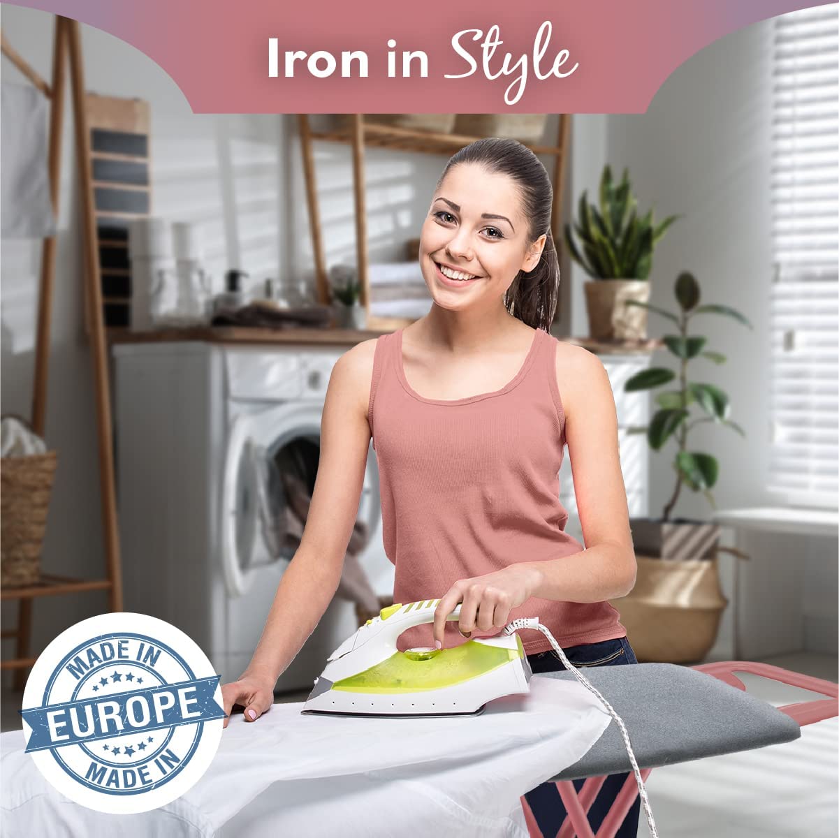Bartnelli Ironing Board Made in Europe | Iron Board with 4 Layered Cover & Pad. Height Adjustable up to 36″ Features A Safety Iron Rest. 4 Steel Rose Legs. for Home Laundry Room or Dorm Use. Rose/Gray (43×14)