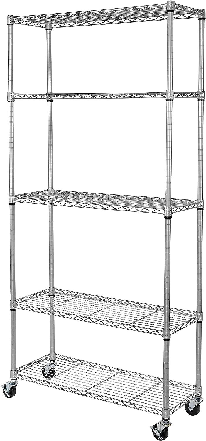 Seville Classics UltraDurable Heavy Duty NSF Solid Steel Wire Rack Storage Unit. Organizer for Garage. Warehouse. Office. Restaurant. Classroom. Kitchen. Silver. 5-Tier Shelving. 36″ W x 14″ D