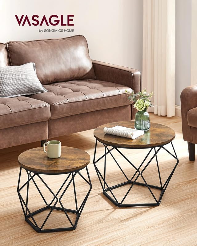 VASAGLE Small Coffee Table Set of 2. Round Coffee Table with Steel Frame. Side End Table for Living Room. Bedroom. Office. Rustic Brown and Black