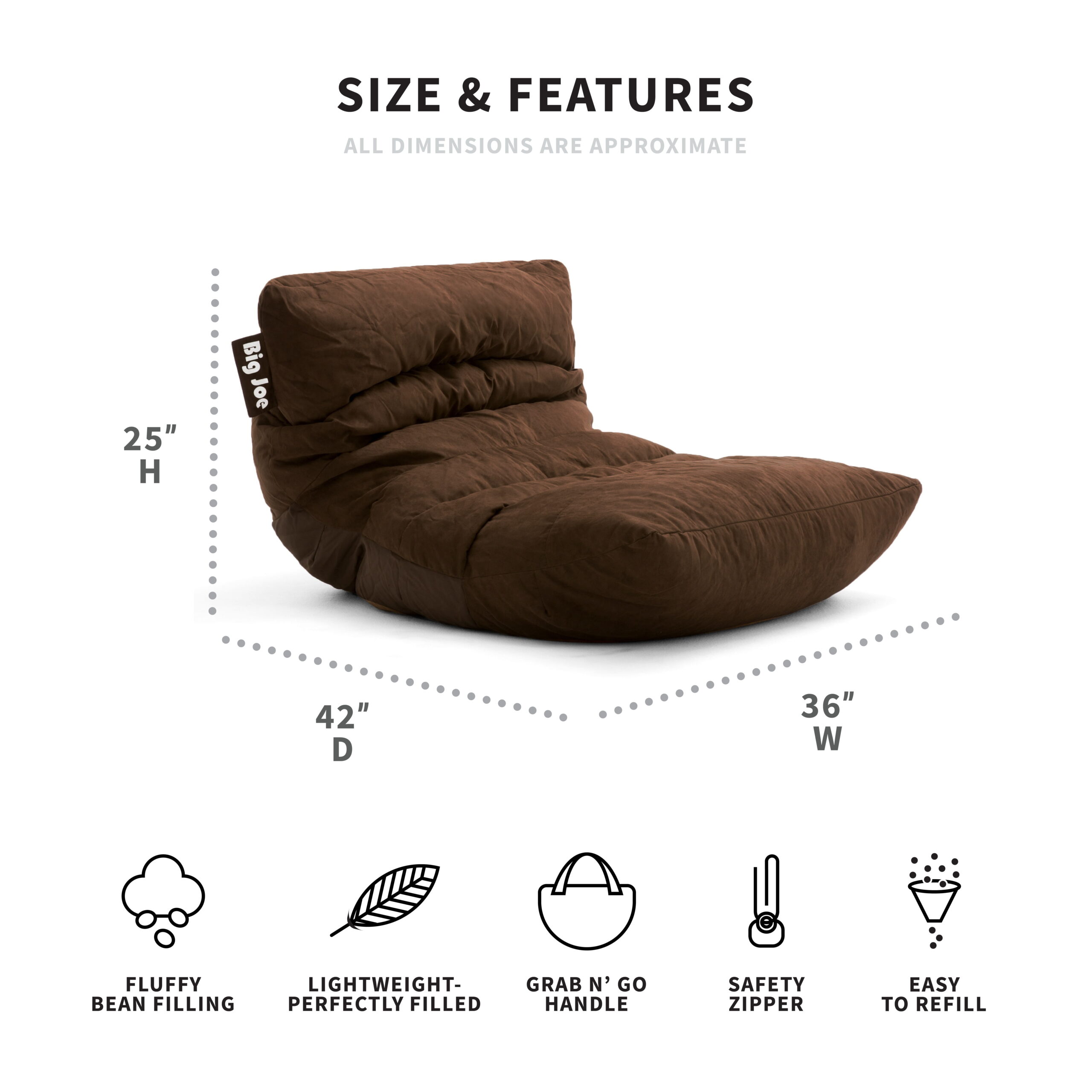 Big Joe Roma Bean Bag Chair. Plush 3ft. Chocolate