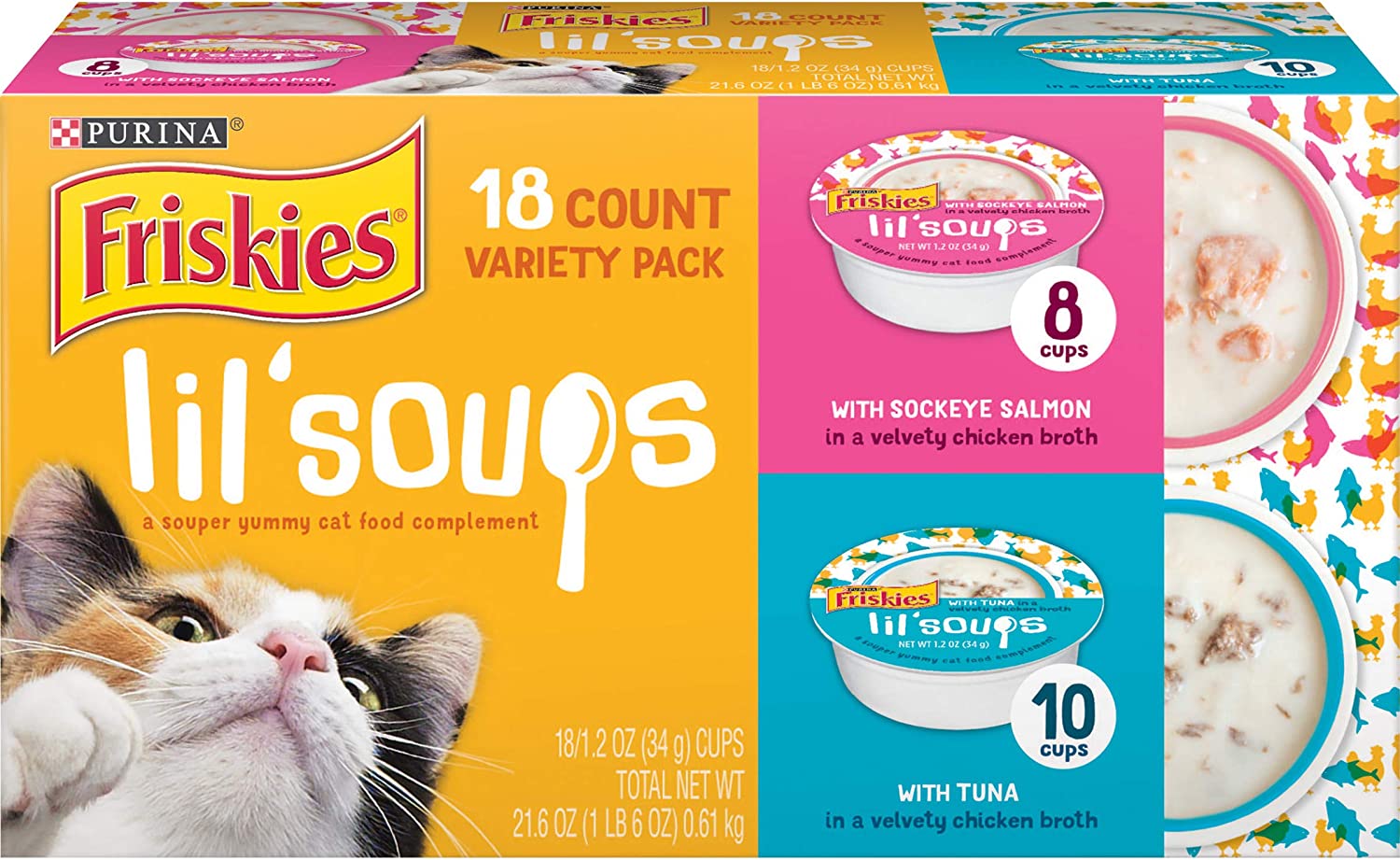 Purina Friskies Grain Free Wet Cat Food Complement Variety Pack Lil- Soups With Sockeye Salmon and Tuna in Broth - (18) 1.2 oz. Cups
