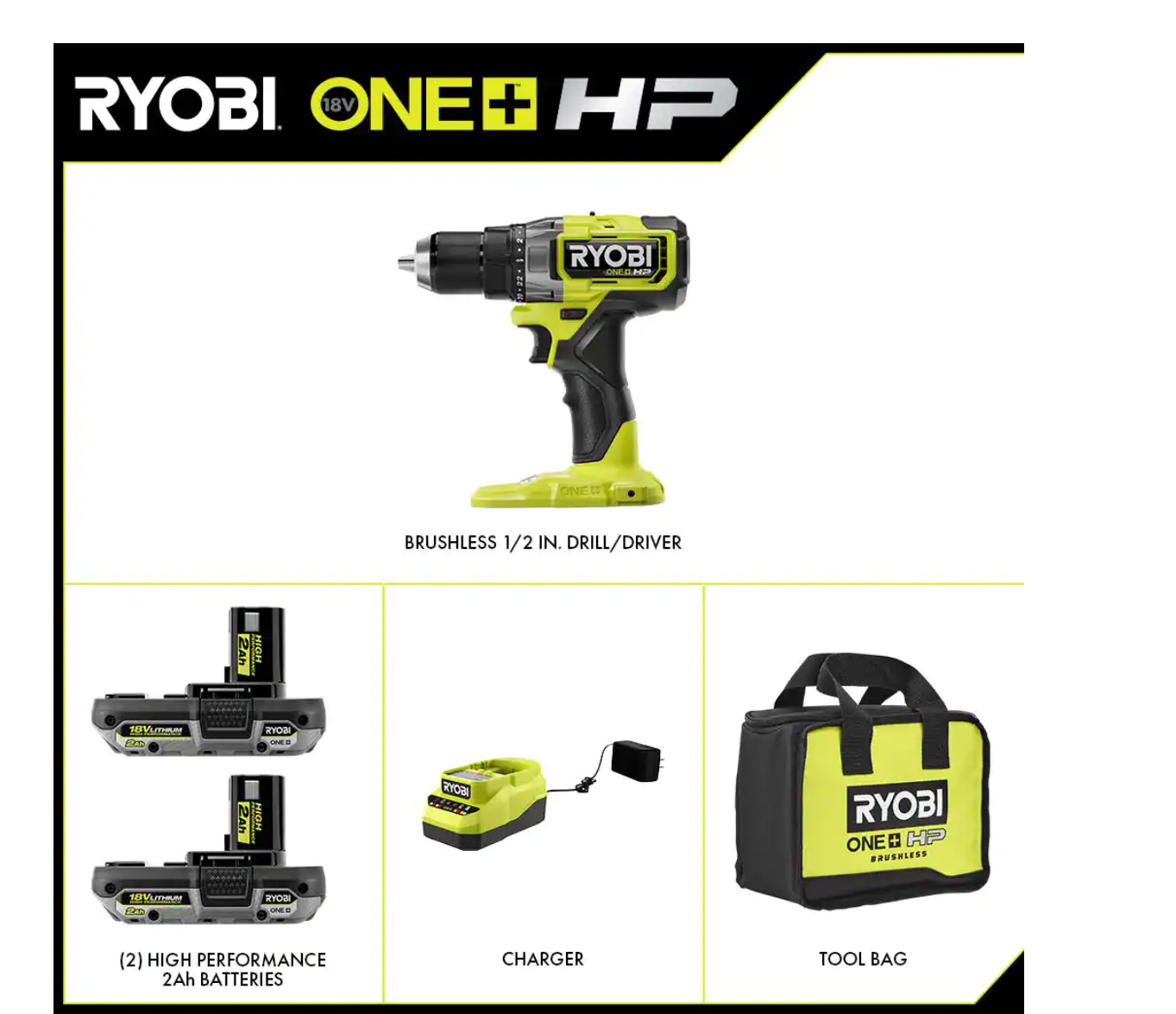 RYOBI PBLDD01K-A989504 ONE+ HP 18V Brushless Cordless 1/2 in. Drill/Driver Kit w/(2) Batteries. Charger. Bag. & Drill and Drive Kit (95-Piece)