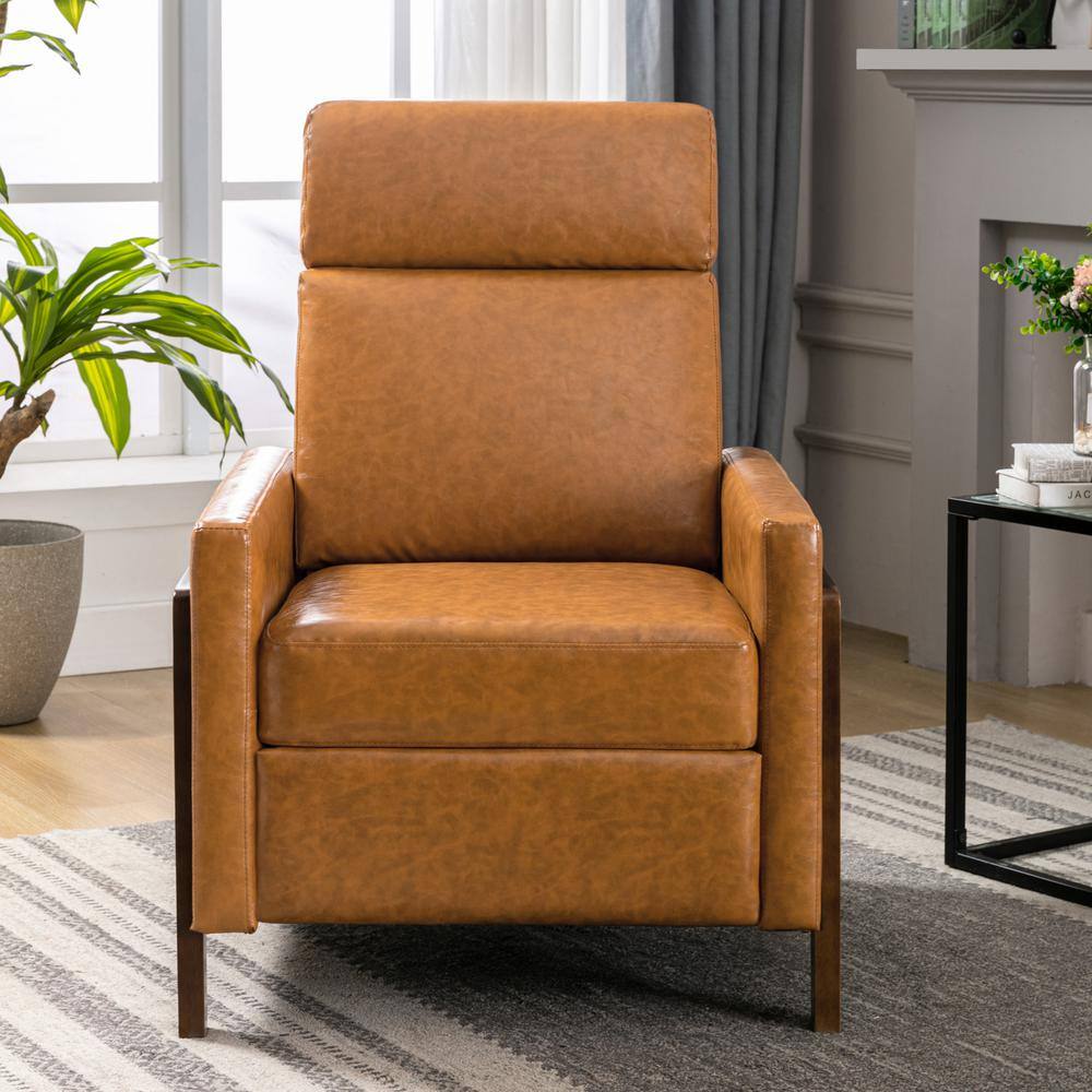 Polibi Modern Brown Wood-Framed PU Leather Adjustable Home Theater Push Back Recliner with Thick Seat Cushion and Backrest