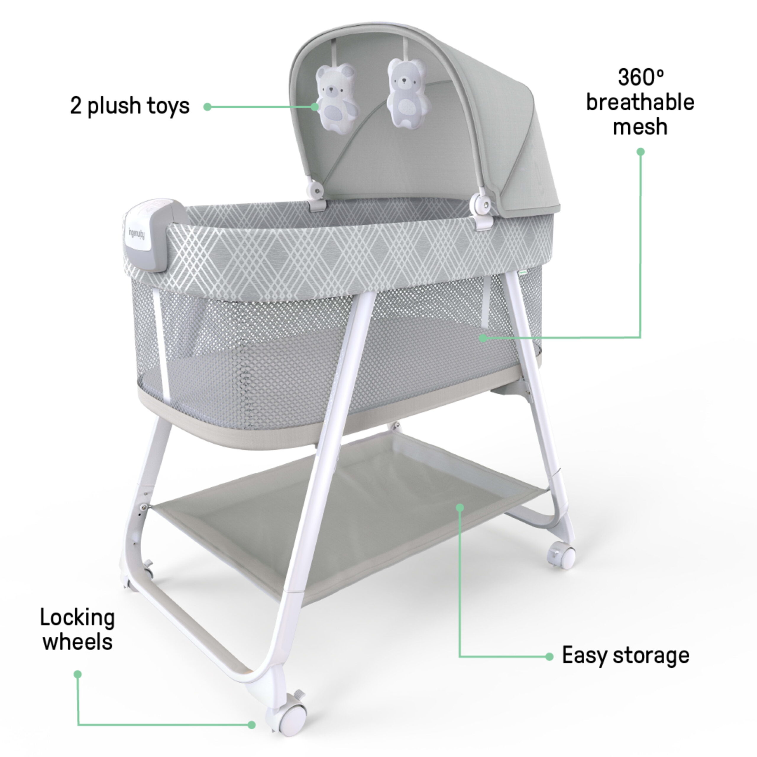 Ingenuity Lullanight Soothing Bassinet for Baby with Locking Wheels & Night Light. Newborn to 5 Months - Gem