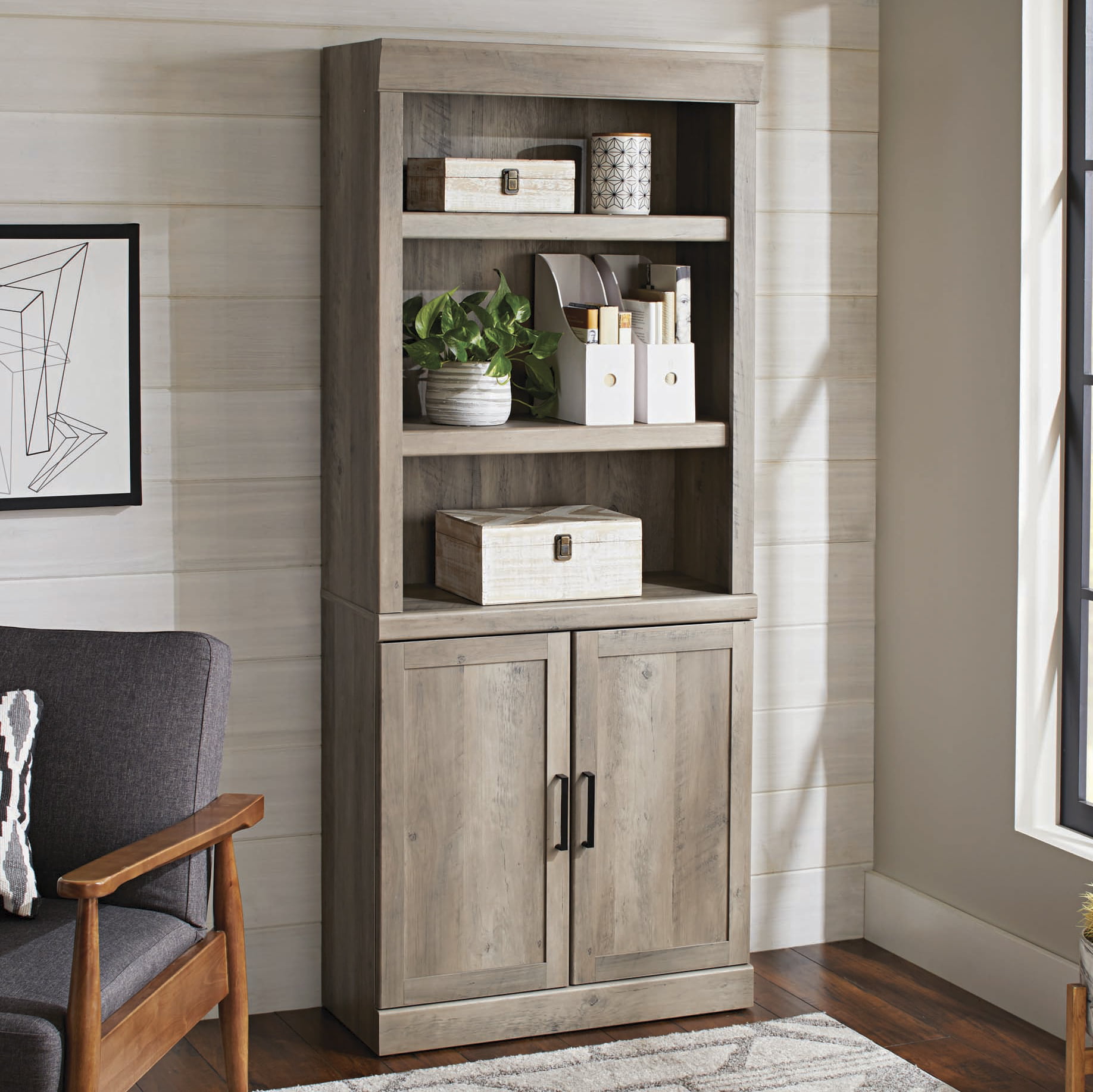 Better Homes & Gardens Glendale 5 Shelf Bookcase with Doors. Rustic Gray Finish