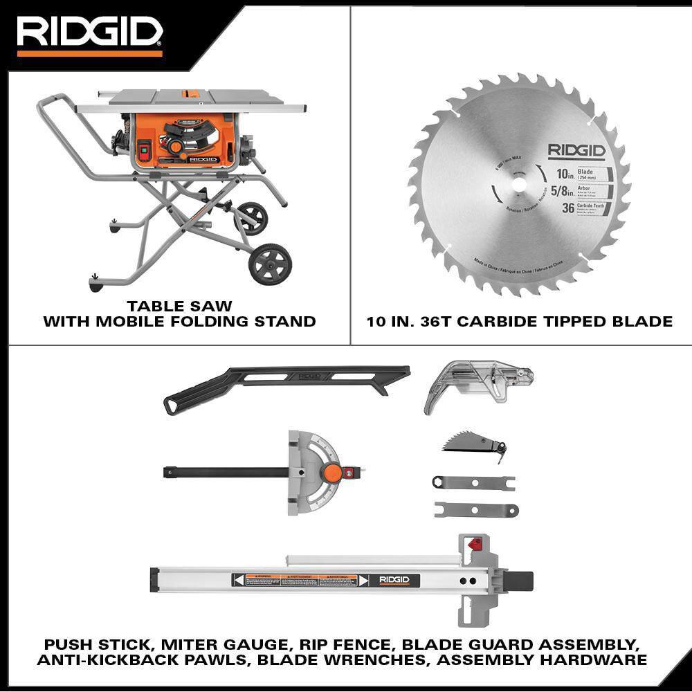 RIDGID R4514 15 Amp 10 in. Portable Corded Pro Jobsite Table Saw with Stand