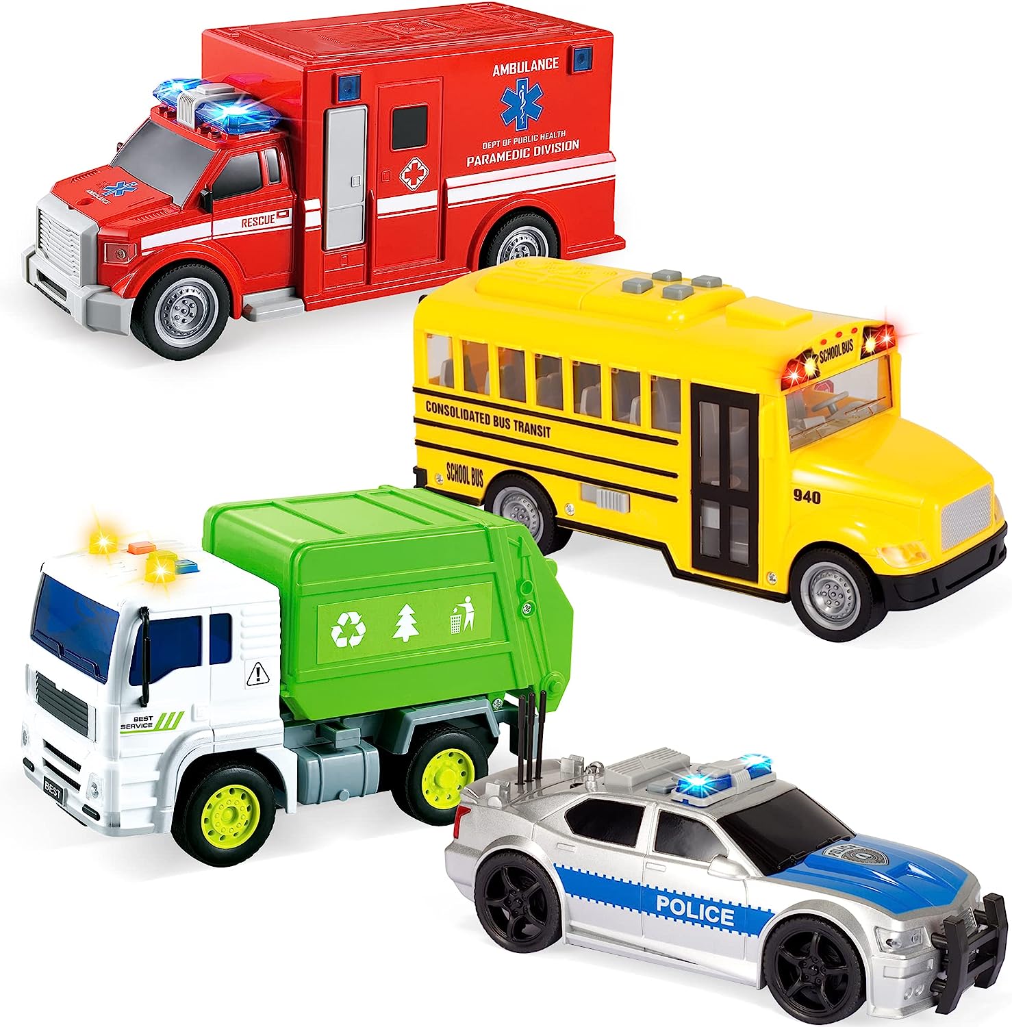 JOYIN 4 Pcs 7″ Long Vehicle Toy Set. Toddlers Cars with Lights and Siren Sound. Including Play Police Car. School Bus. Toy Garbage Truck. Ambulance Toy. Birthday Party Gifts Toys for Boys 3-5