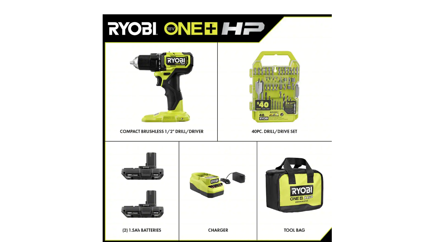 RYOBI PSBDD01K-A98401 ONE+ HP 18V Brushless Cordless Compact 1/2 in. Drill/Driver Kit with (2) 1.5 Ah Batteries. Charger. Bag. & 40PC Bit Set