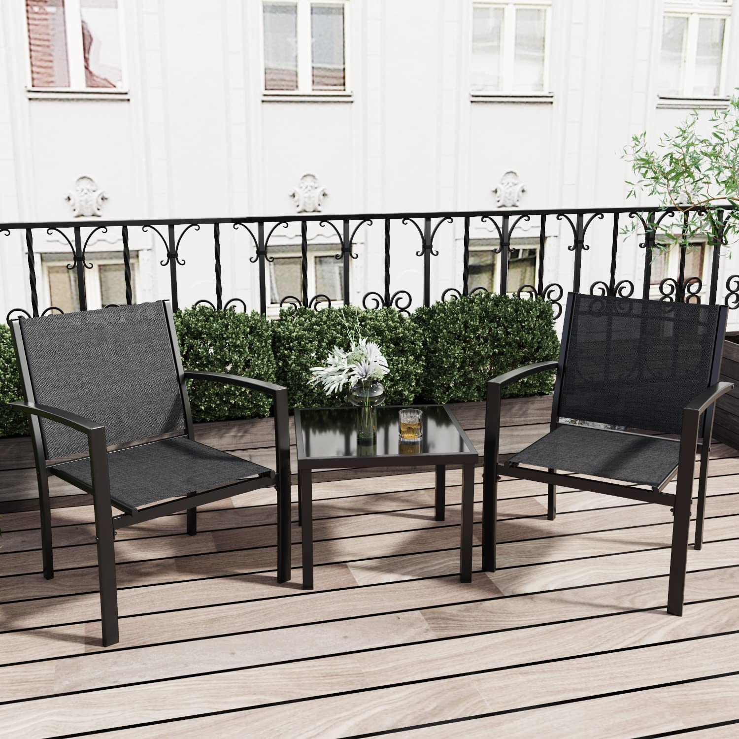 Greesum 3 Pieces Patio Furniture Set Outdoor Conversation Textilene Fabric Chairs for Lawn. Garden. Balcony. Poolside with A Glass Coffee Table. Black